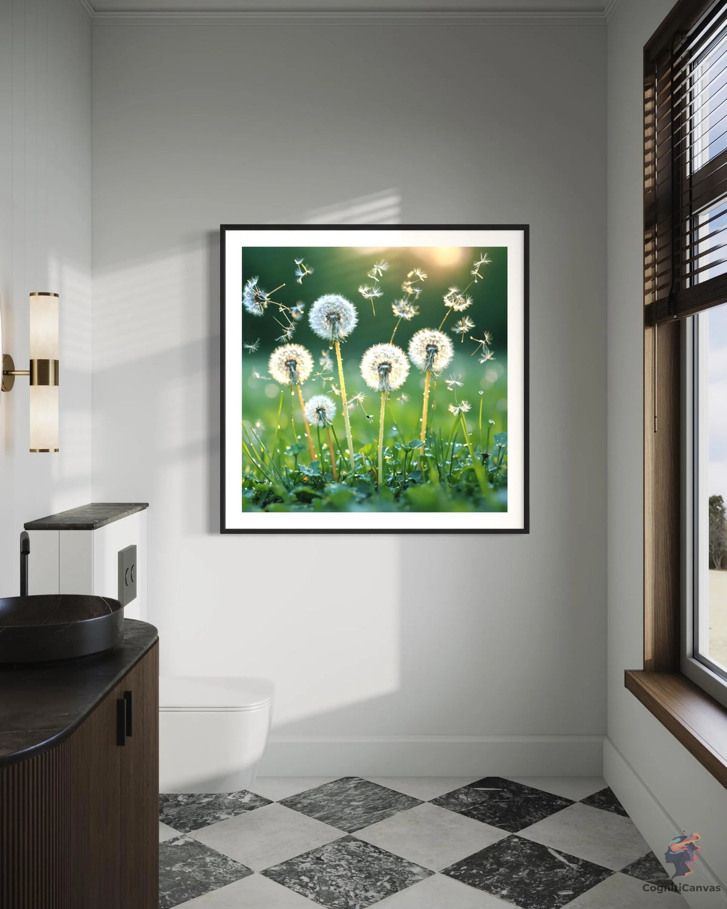 Printable AI-generated botanical artwork featuring close-up of dandelion seeds dispersing