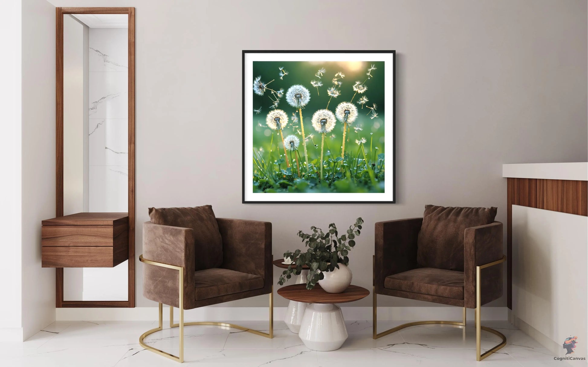 High-quality AI-generated botanical art showcasing dandelions with vibrant green and yellow hues