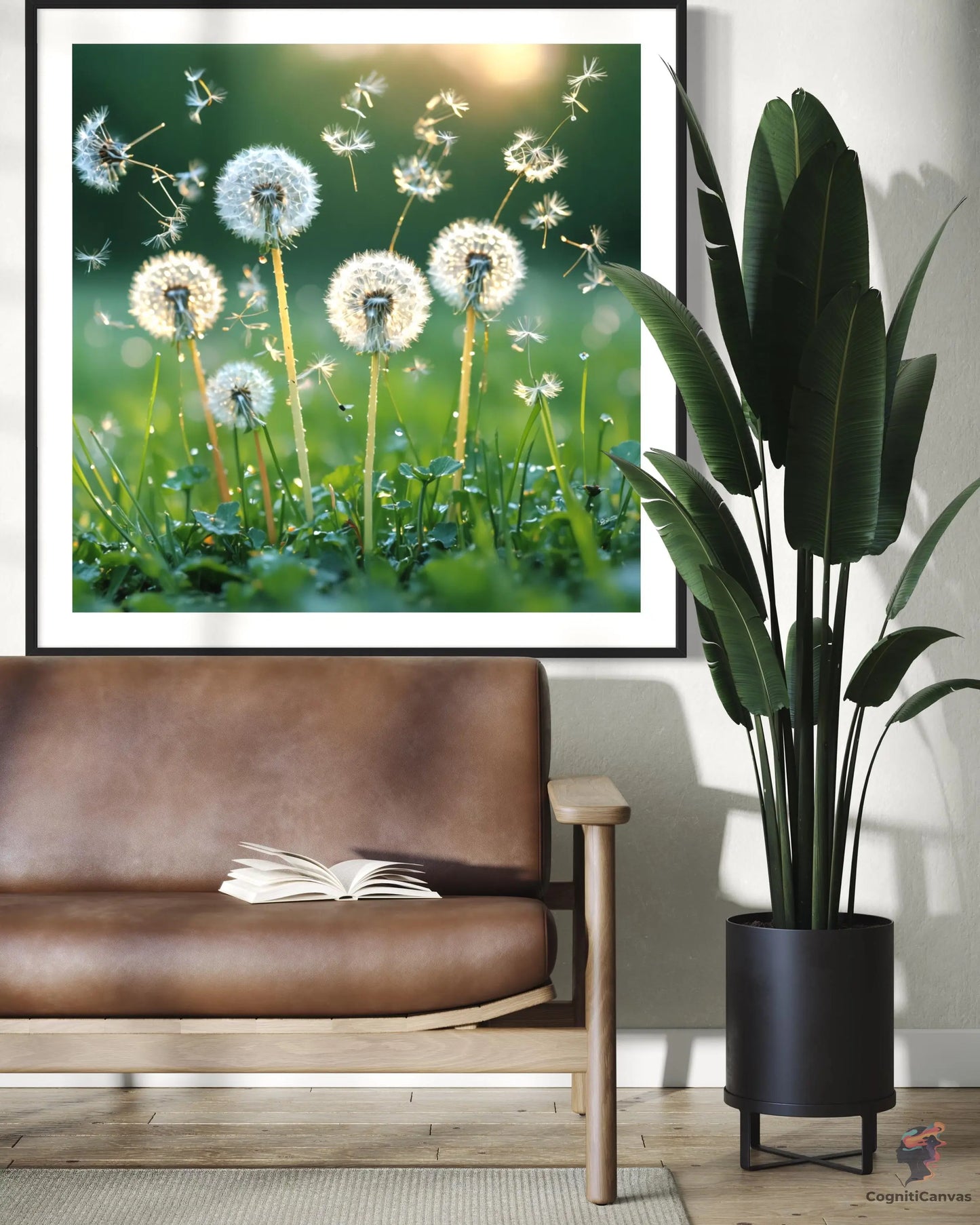 Modern AI-generated digital art of dandelions blowing in the wind – suitable for nature-themed decor