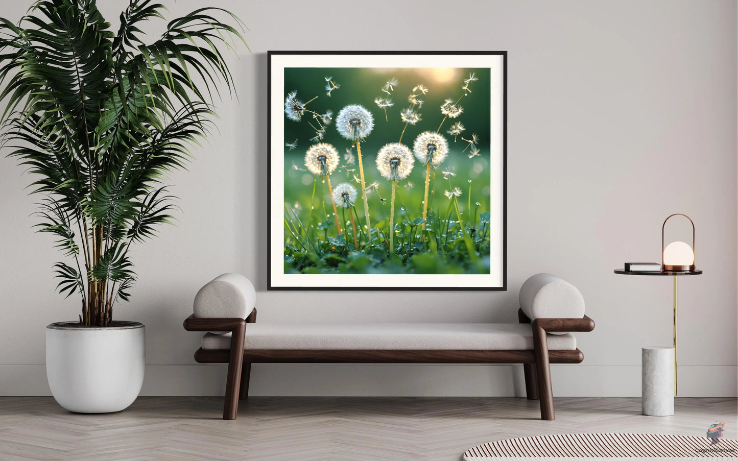 AI-generated modern botanical wall art featuring dandelions – digital download for interior design