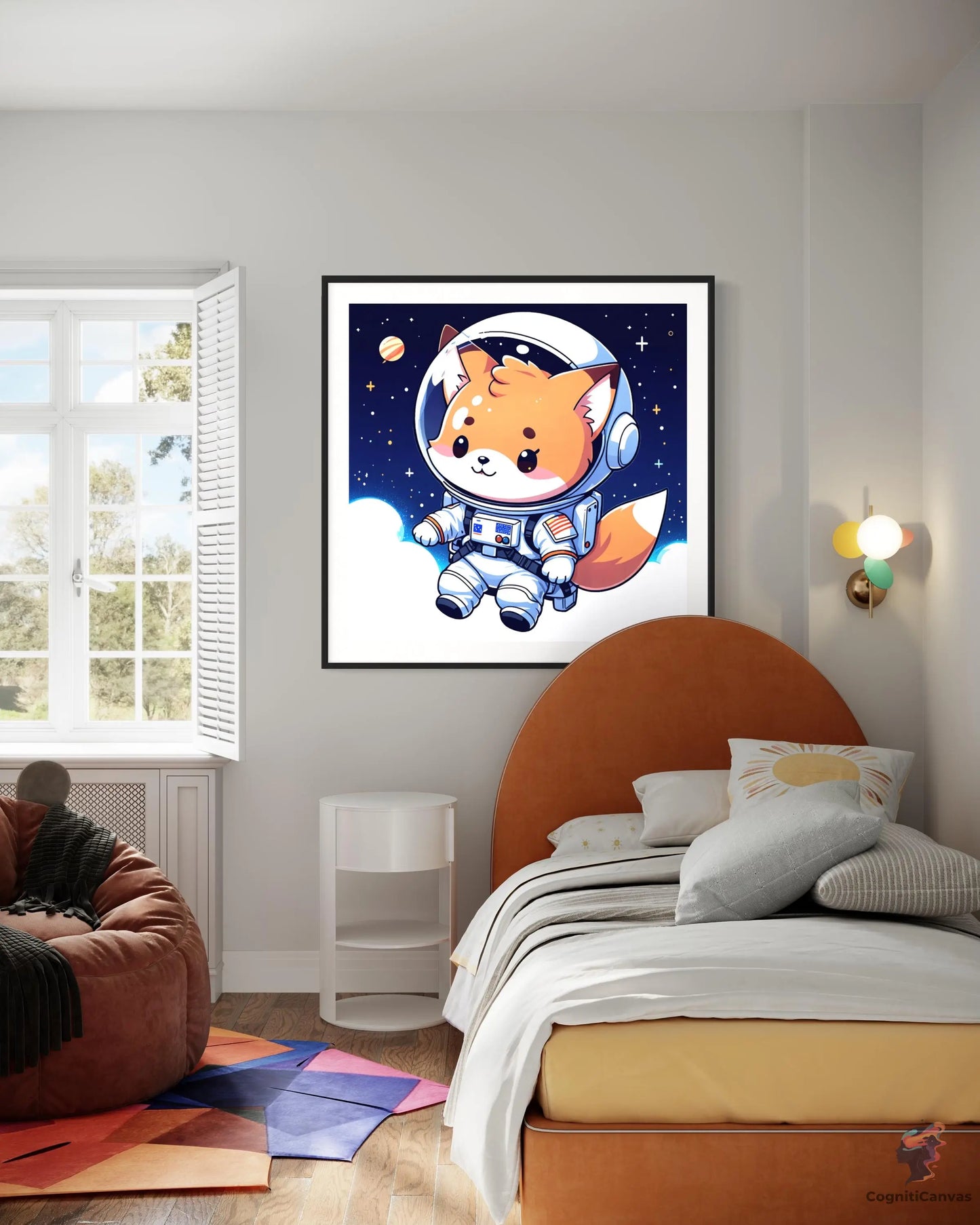 High-resolution AI art of a cartoon cat in an astronaut suit exploring space