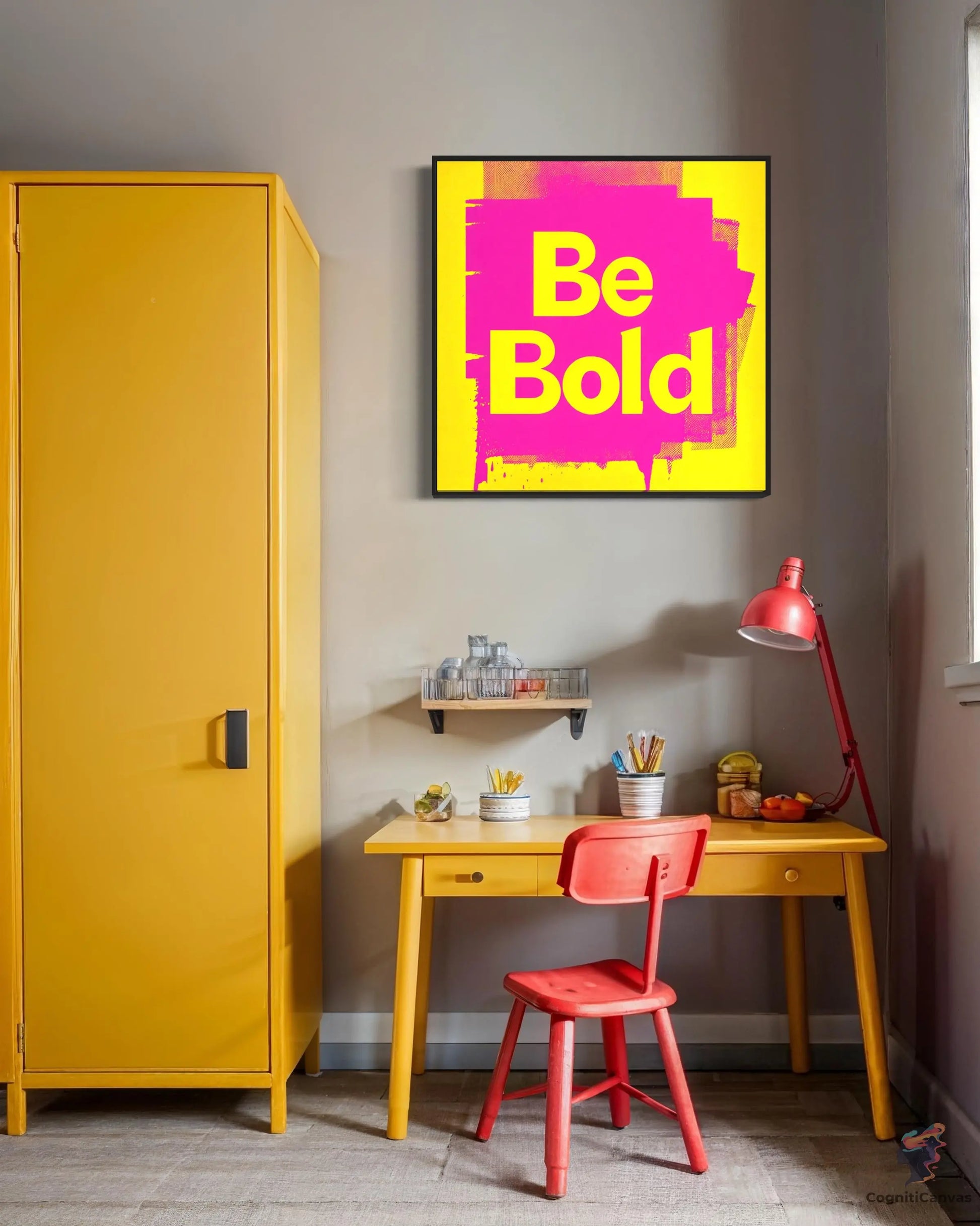 High-quality Be Bold pop art print with striking yellow and pink text design