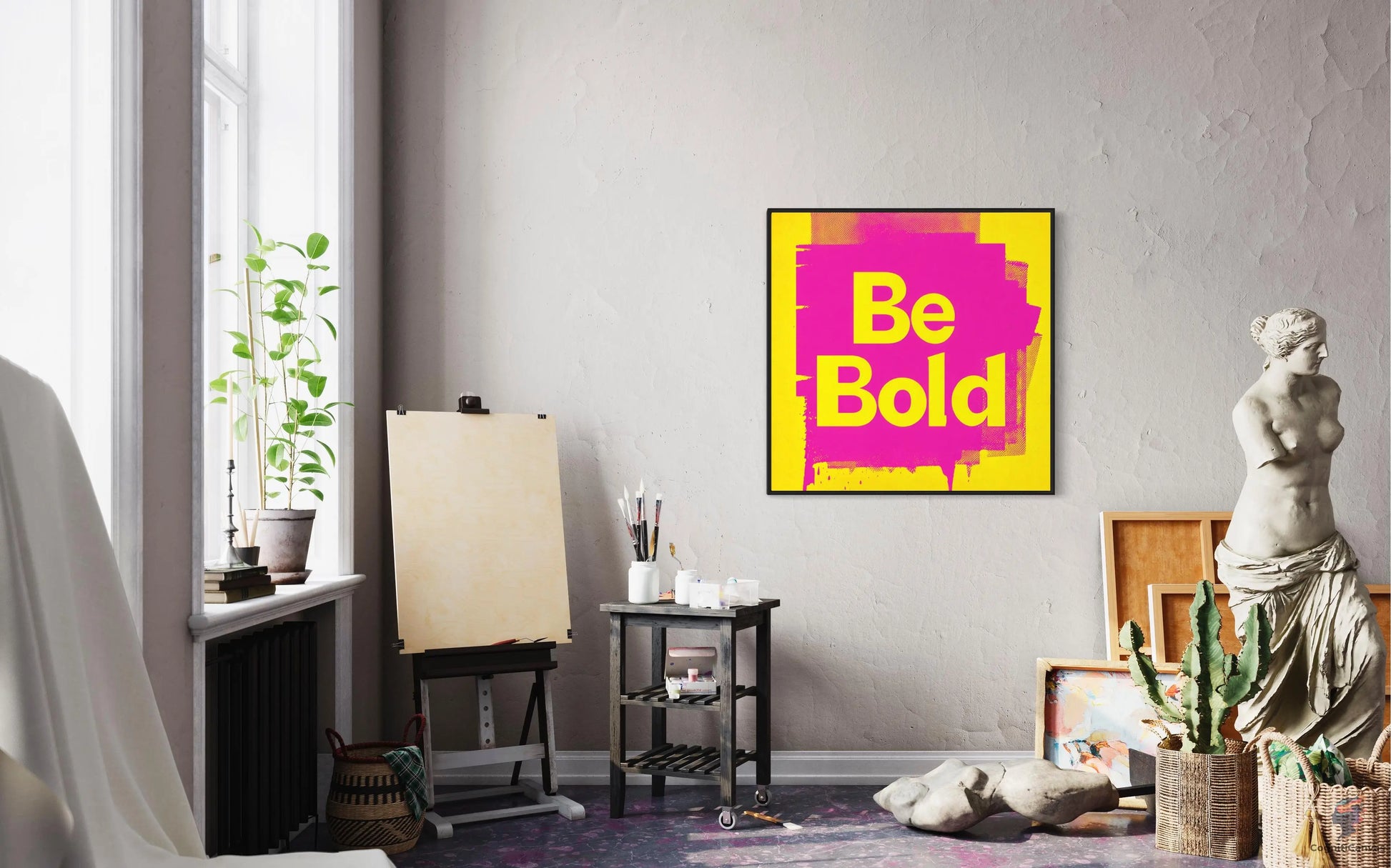 Be Bold pop art print with dynamic yellow and pink typography – ideal for motivational wall art