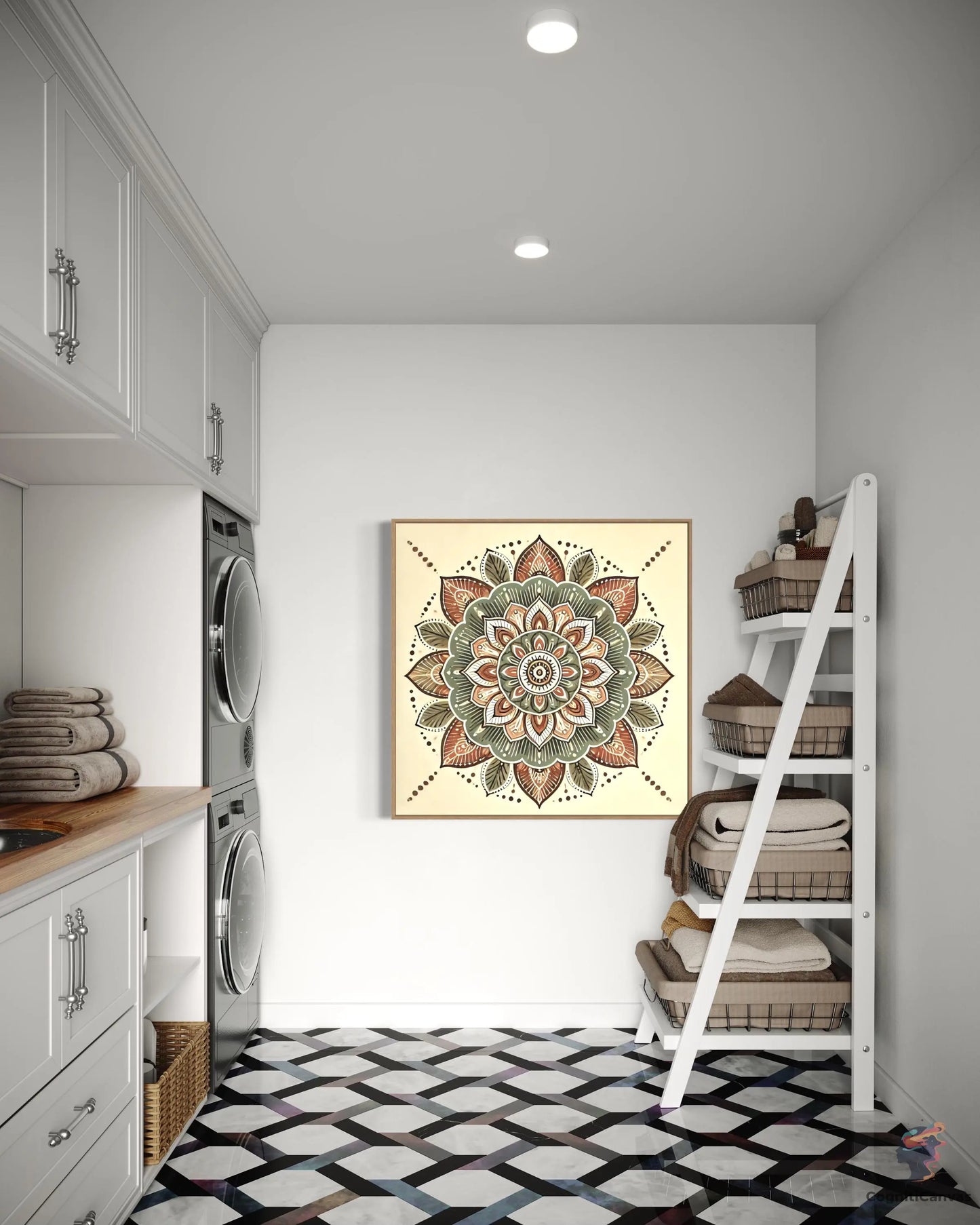 High-resolution bohemian mandala art featuring terracotta, ochre, and sage green hues