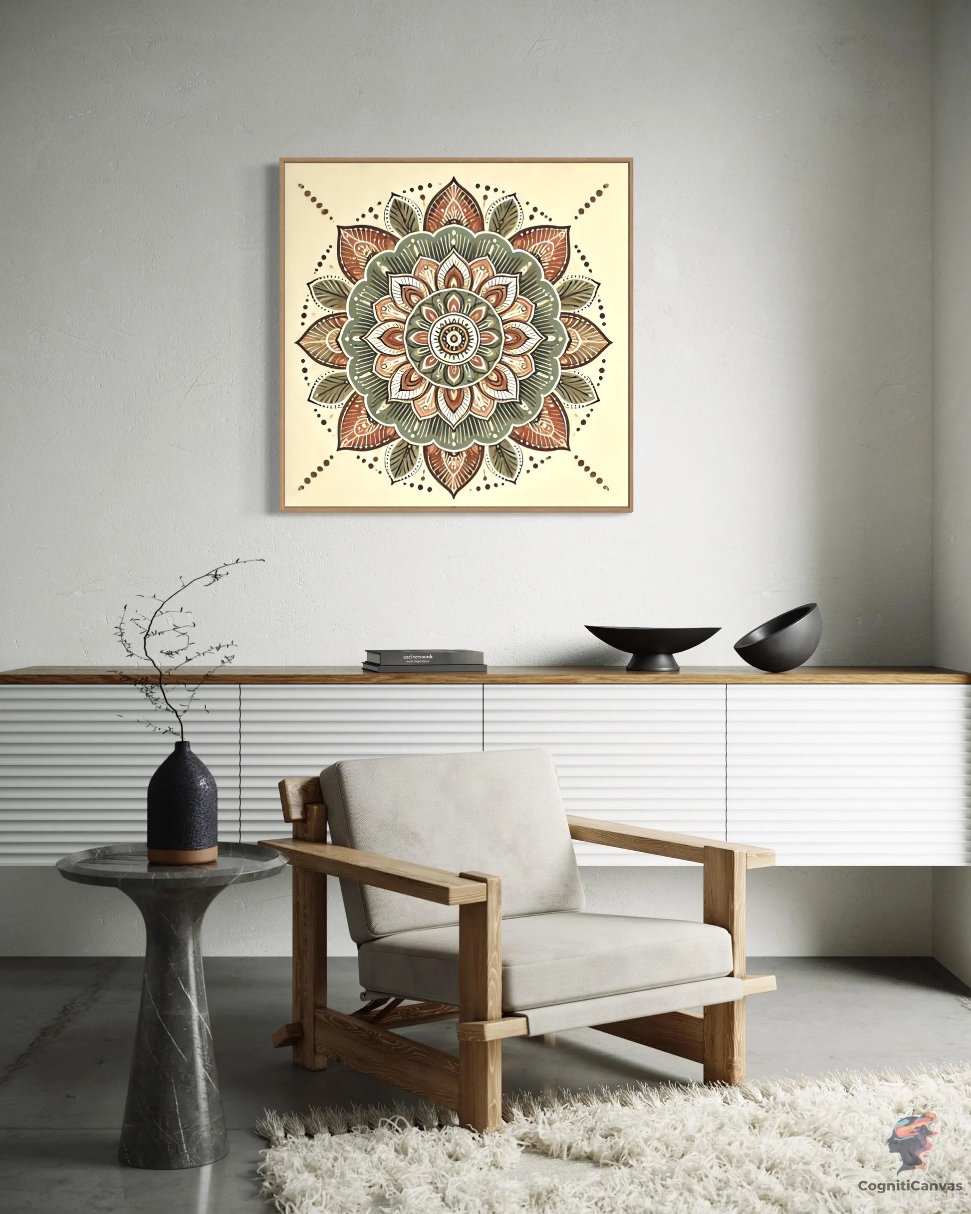 Printable bohemian mandala artwork with intricate patterns in earthy colors