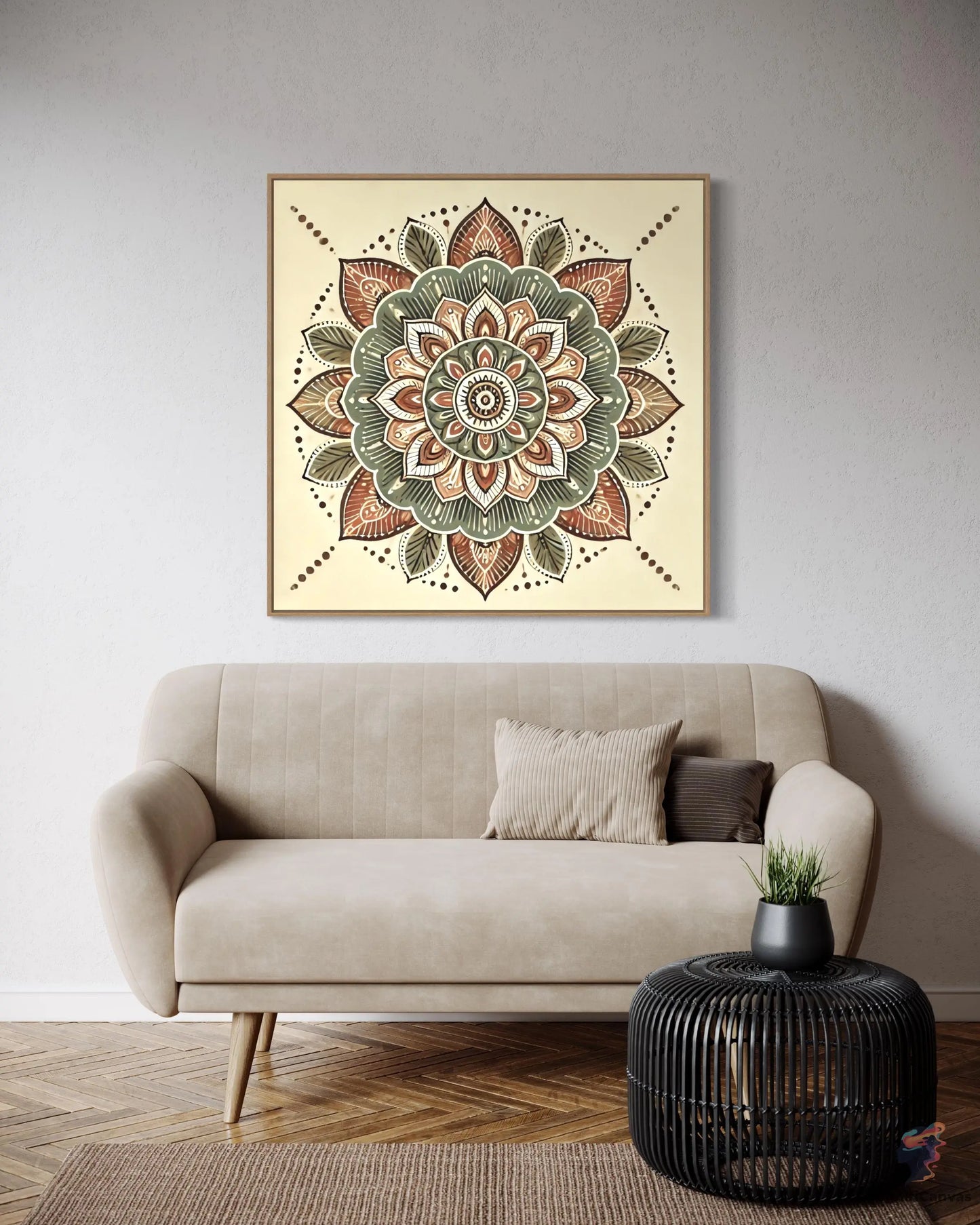 Unique bohemian mandala digital art with detailed line work in terracotta and sage green