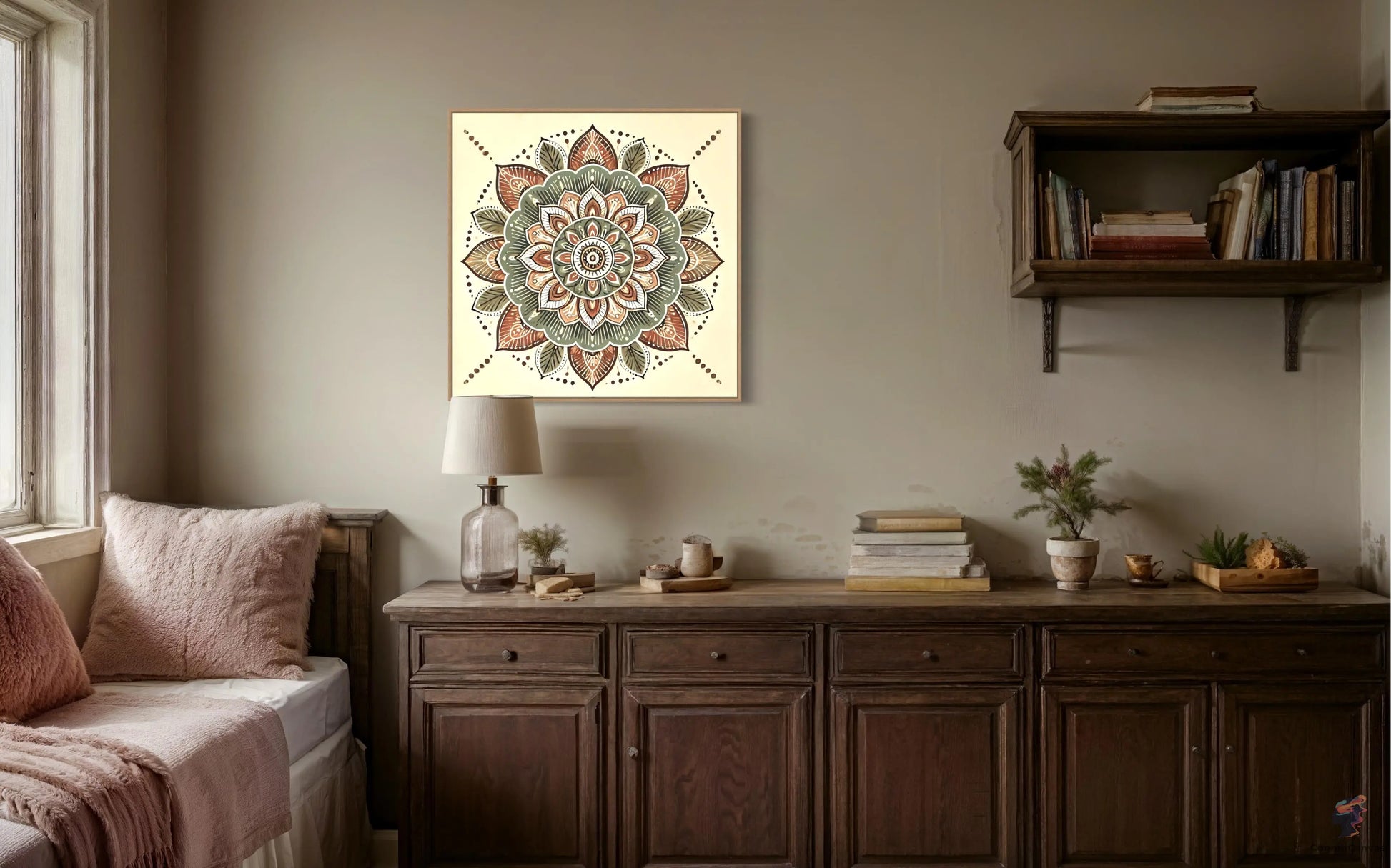 High-quality bohemian mandala art print with earthy tones for bedroom wall decor