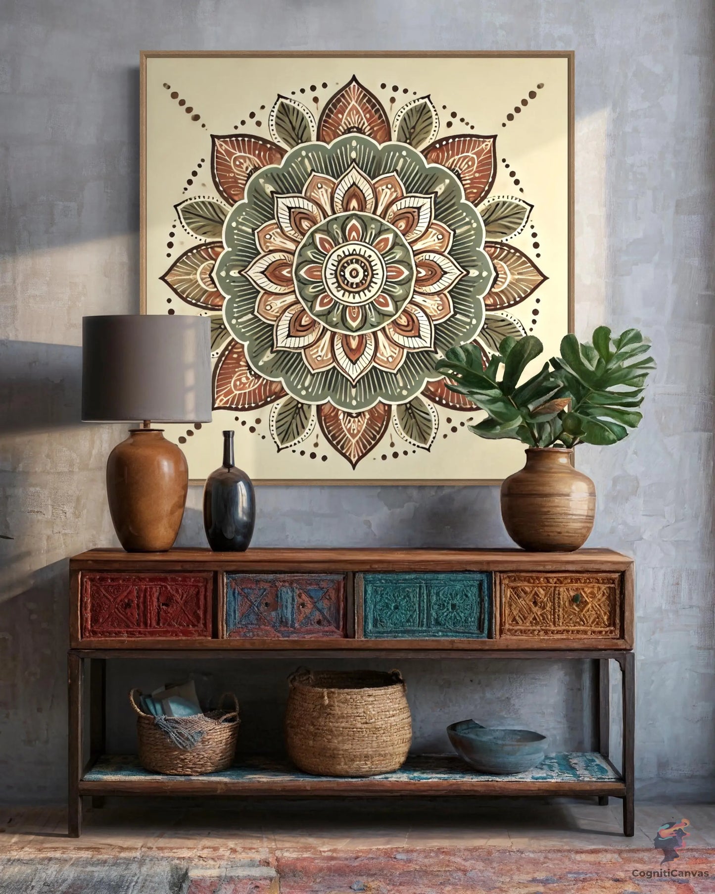 Modern bohemian mandala digital artwork with terracotta, ochre, and sage green palette