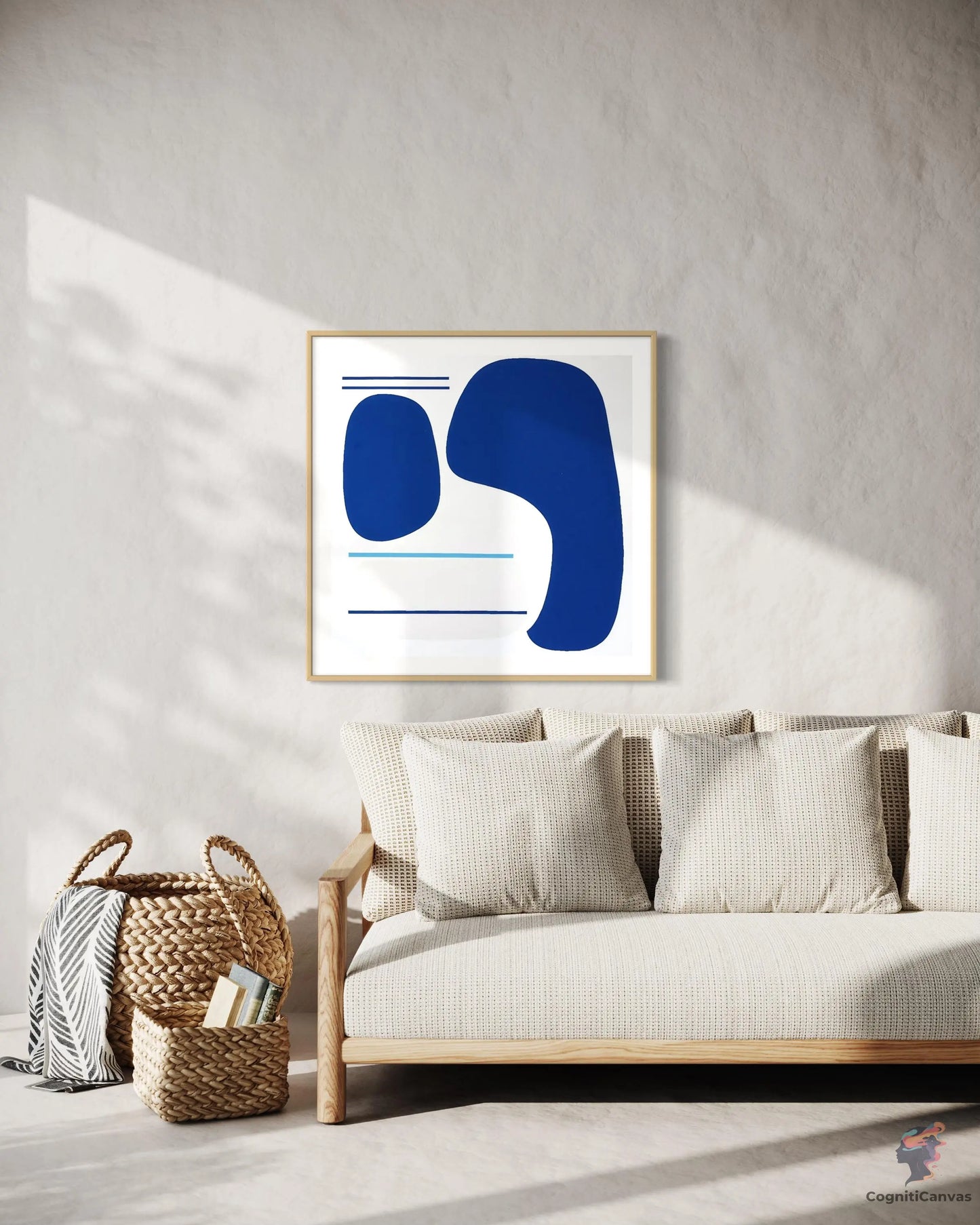 Unique digital wall art depicting large layered shapes in deep navy blue