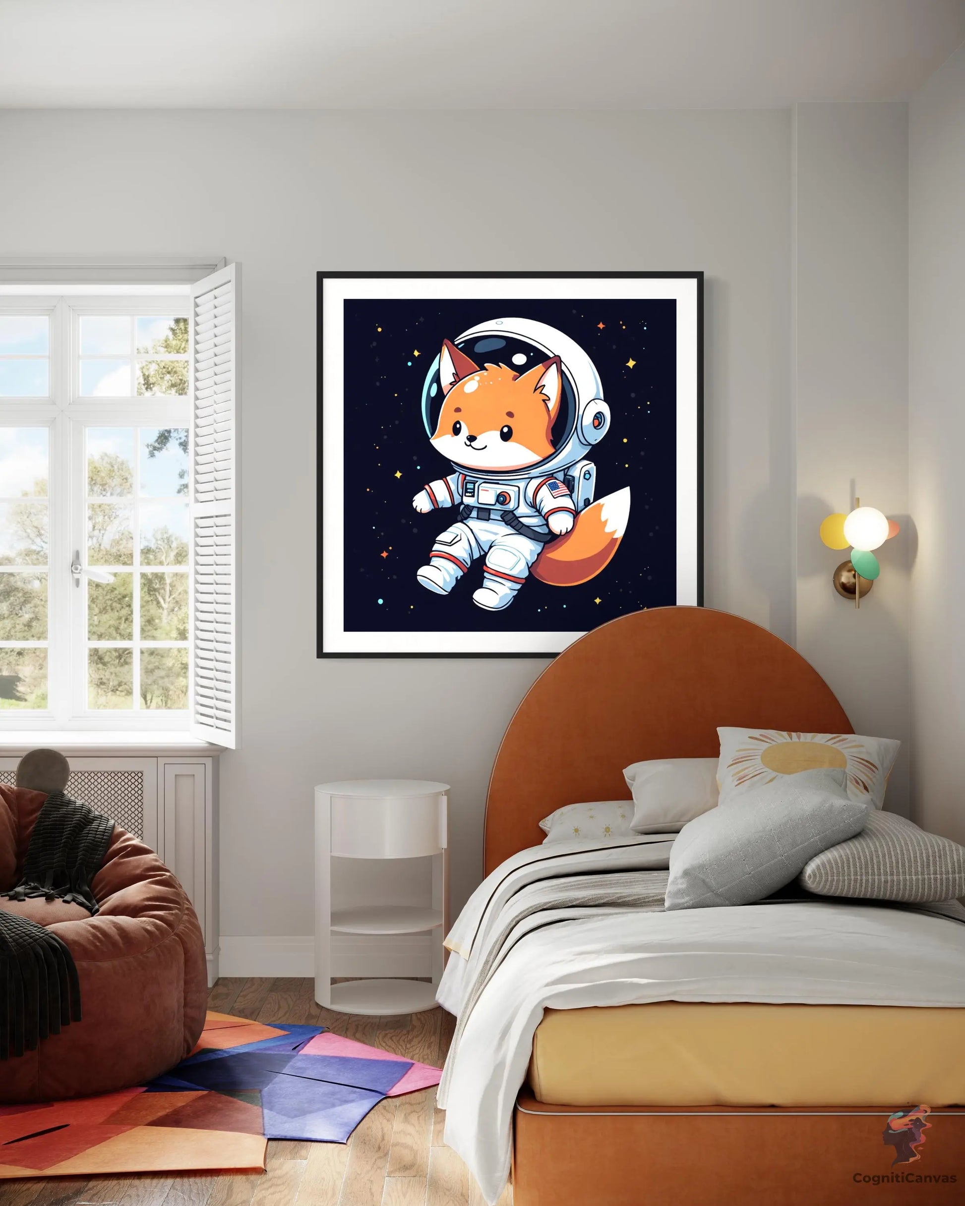 High-resolution AI art of a cartoon fox in an astronaut suit floating in space