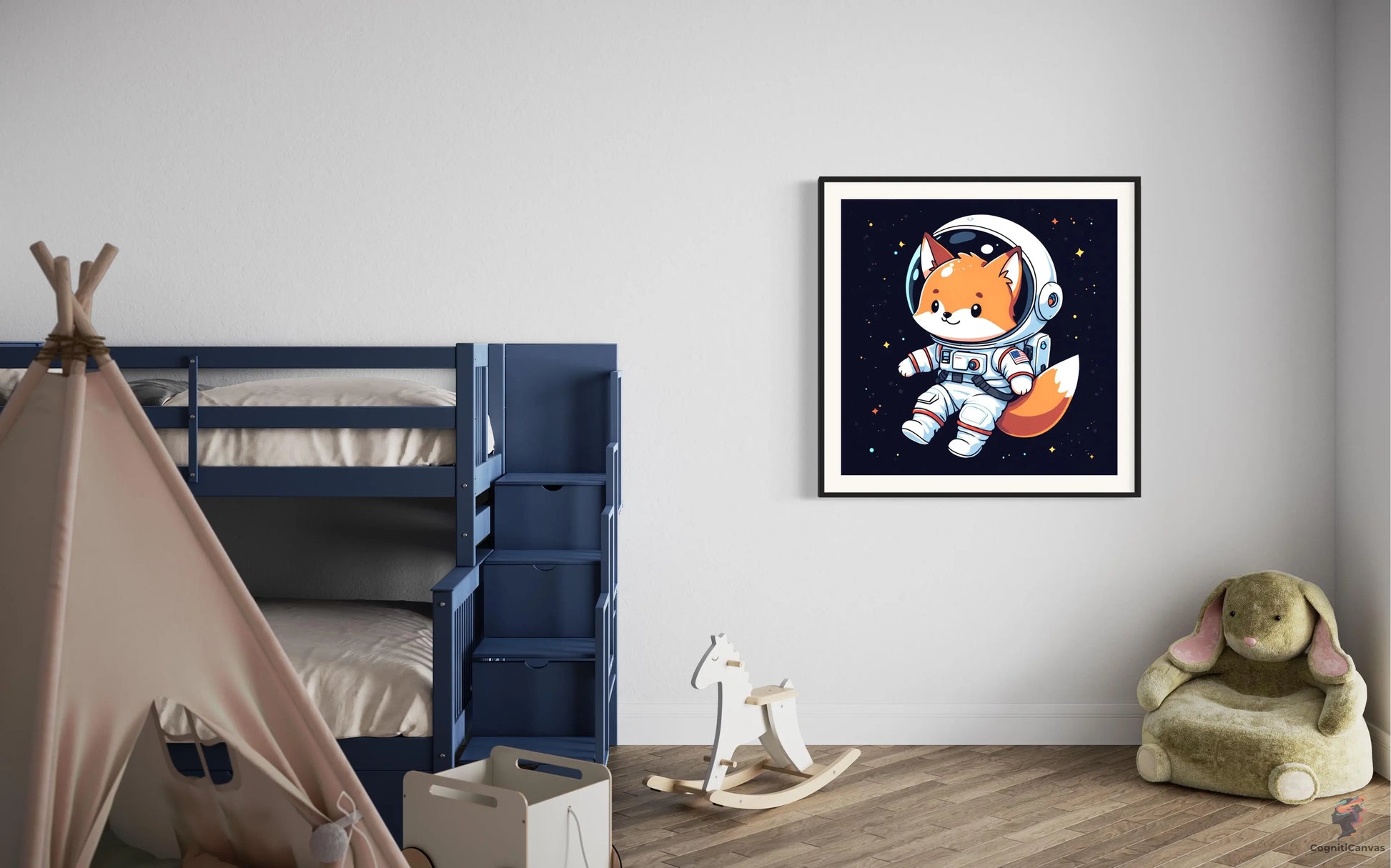 High-quality AI-generated art featuring a whimsical fox in space attire