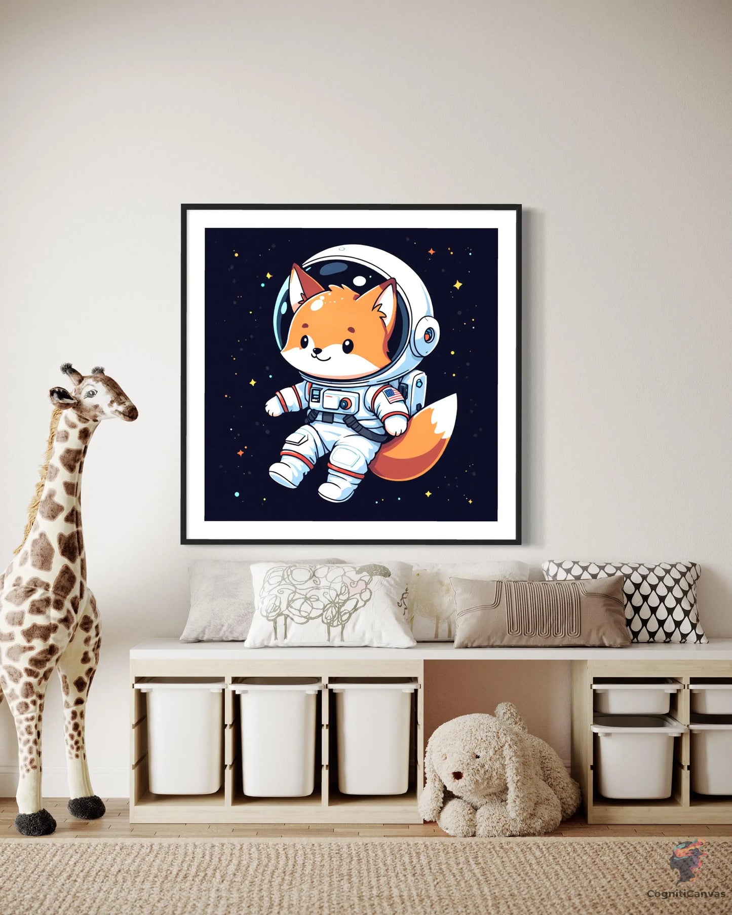 Instant download AI-generated cartoon fox astronaut art by CognitiCanvas – perfect for kids' rooms