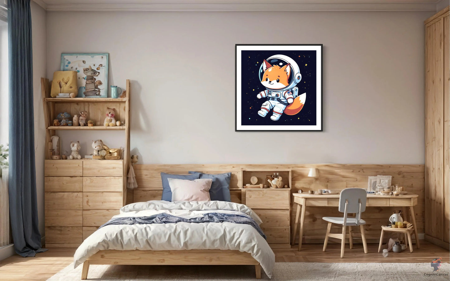 Modern AI-generated digital art of a fox astronaut – ideal for space-themed decor