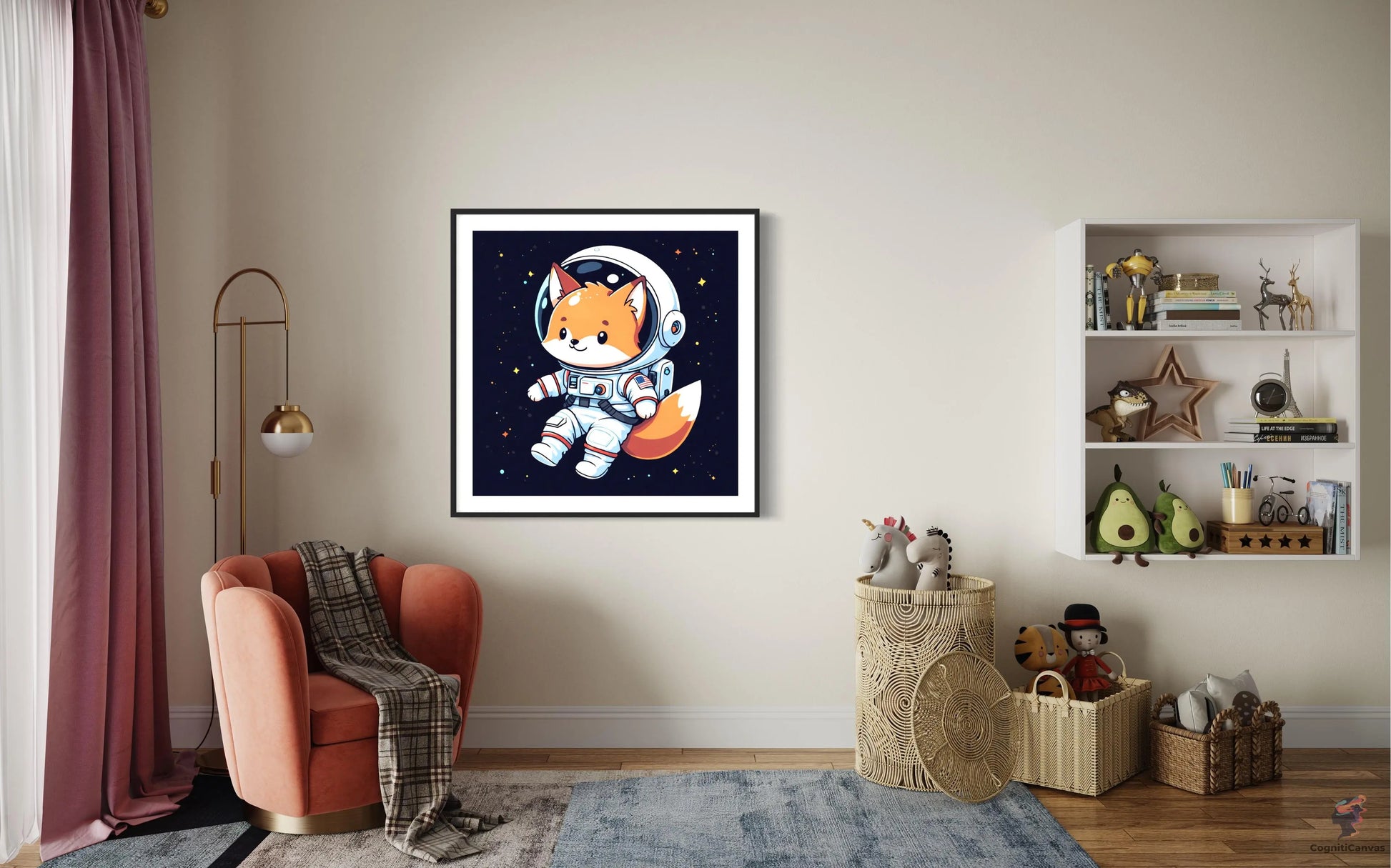 Printable cartoon fox astronaut artwork – AI-generated unique digital art for gifting