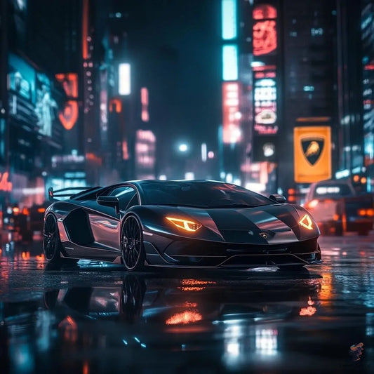 Cyberpunk Lamborghini Supercar Digital Art Print | Futuristic Neon City Scene | Wall Art Download for Car Enthusiasts, Gamers, & Tech Lovers CognitiCanvas