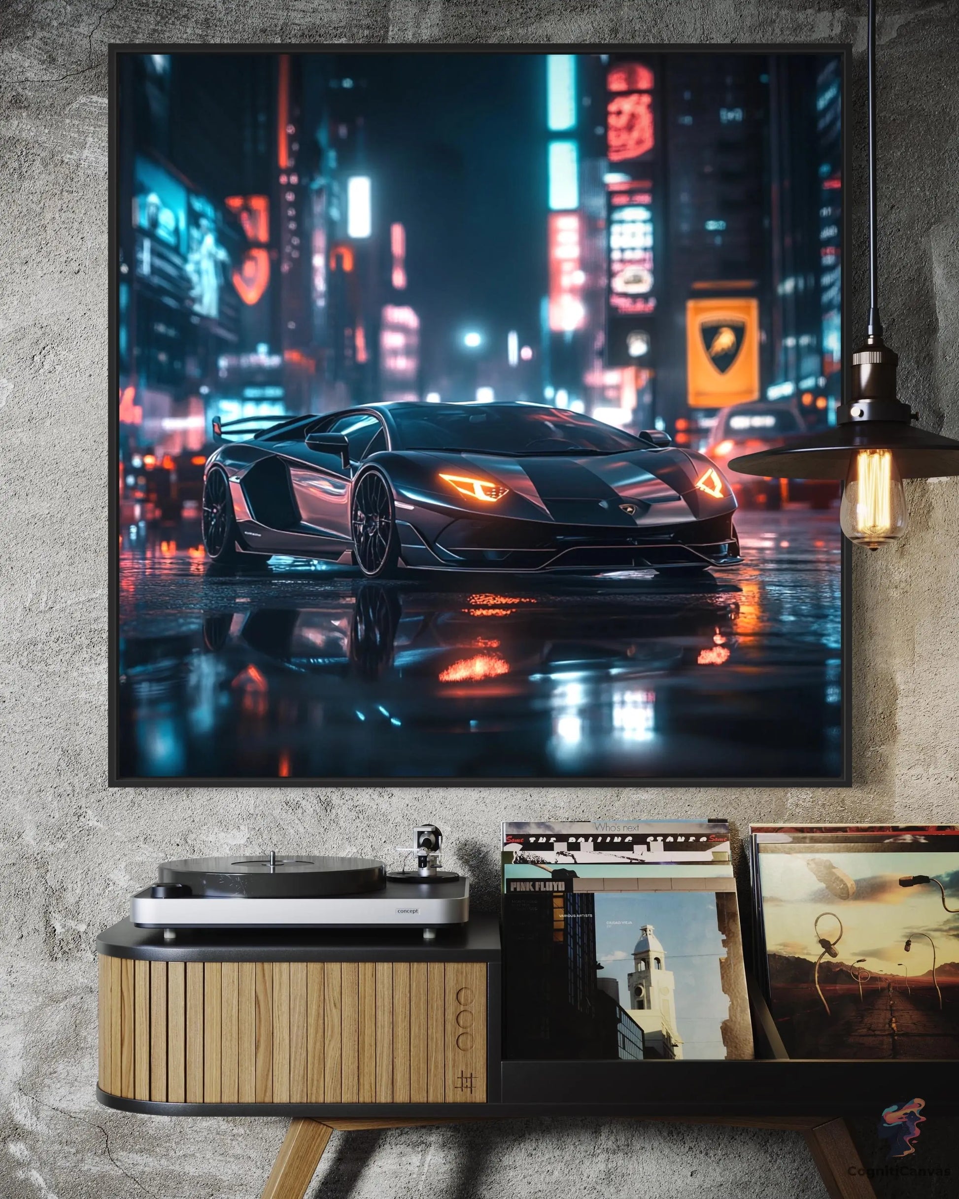 Cyberpunk Lamborghini Supercar Digital Art Print | Futuristic Neon City Scene | Wall Art Download for Car Enthusiasts, Gamers, & Tech Lovers CognitiCanvas