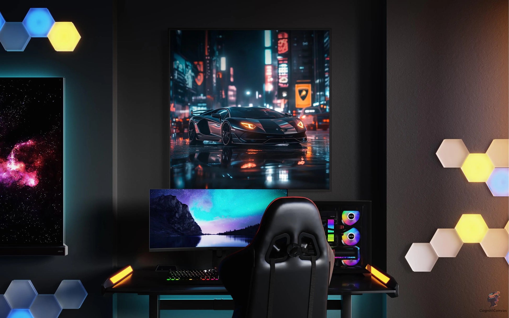 Cyberpunk Lamborghini Supercar Digital Art Print | Futuristic Neon City Scene | Wall Art Download for Car Enthusiasts, Gamers, & Tech Lovers CognitiCanvas