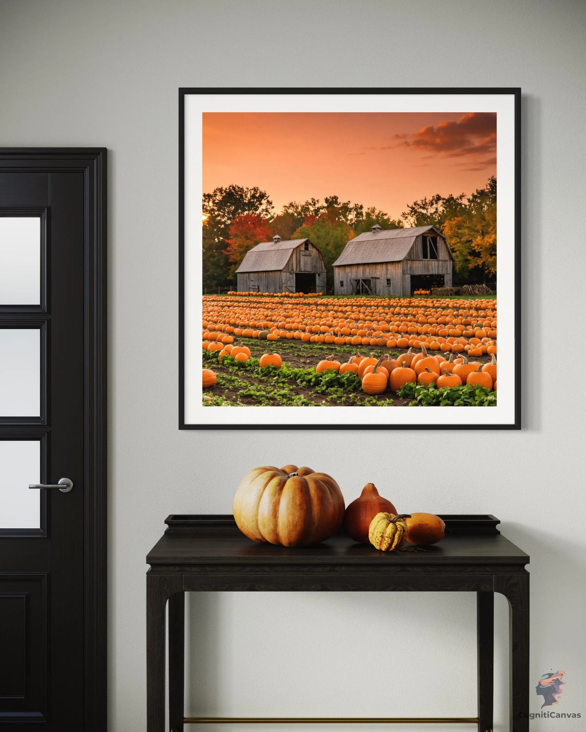 High-resolution digital art of a vibrant pumpkin field in autumn colors