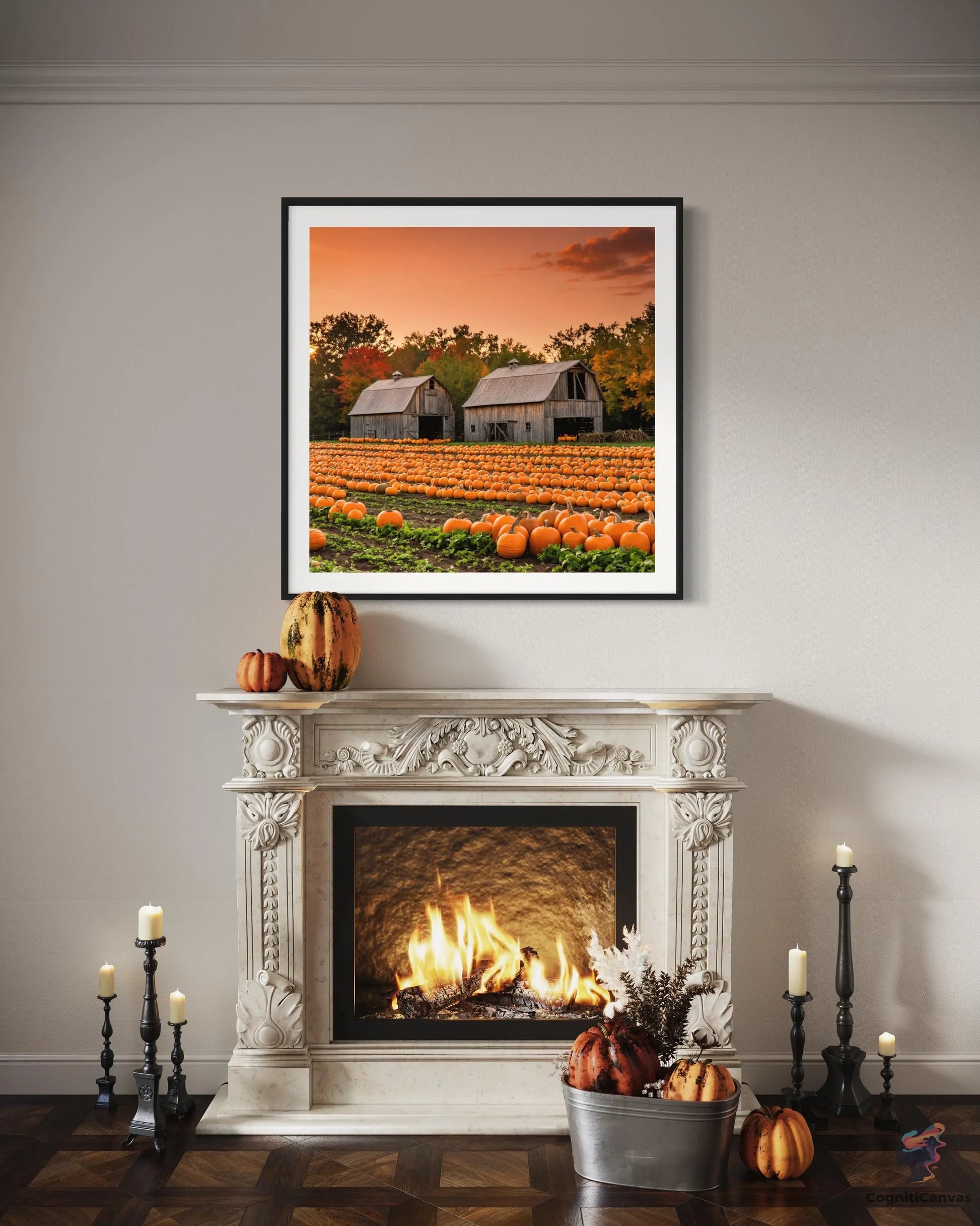 Unique AI-generated digital art depicting an autumn harvest scene with pumpkins