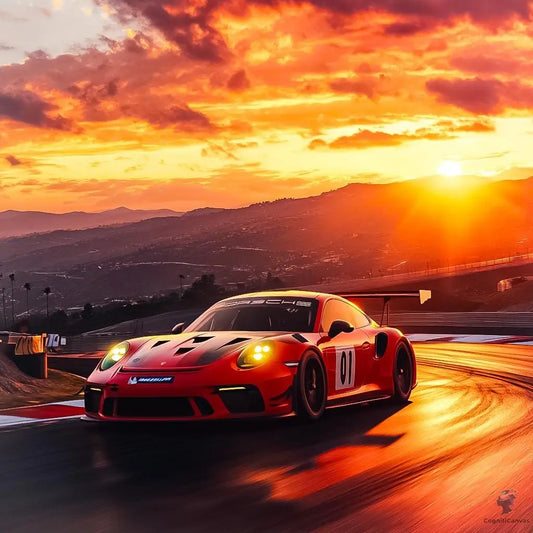 High-Speed Porsche 911 GT3 RS Digital Art | Sunset Racing Scene | Vibrant Sports Car Wall Art Download | Track Racing Enthusiast Decor CognitiCanvas