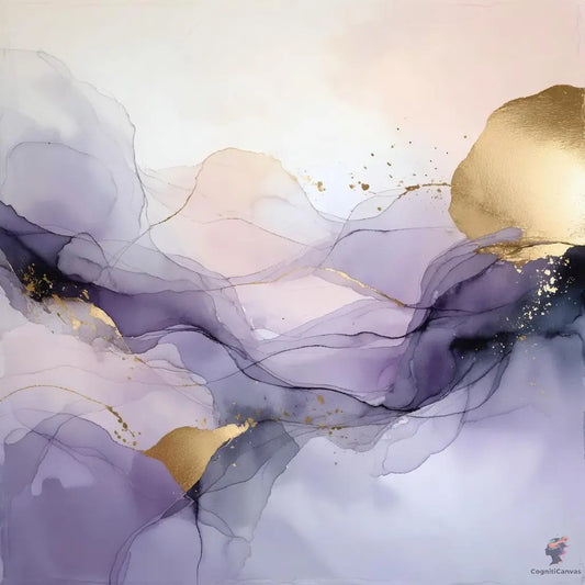 Abstract fluid art in soft lavender, cream, and gold accents, modern digital wall decor.