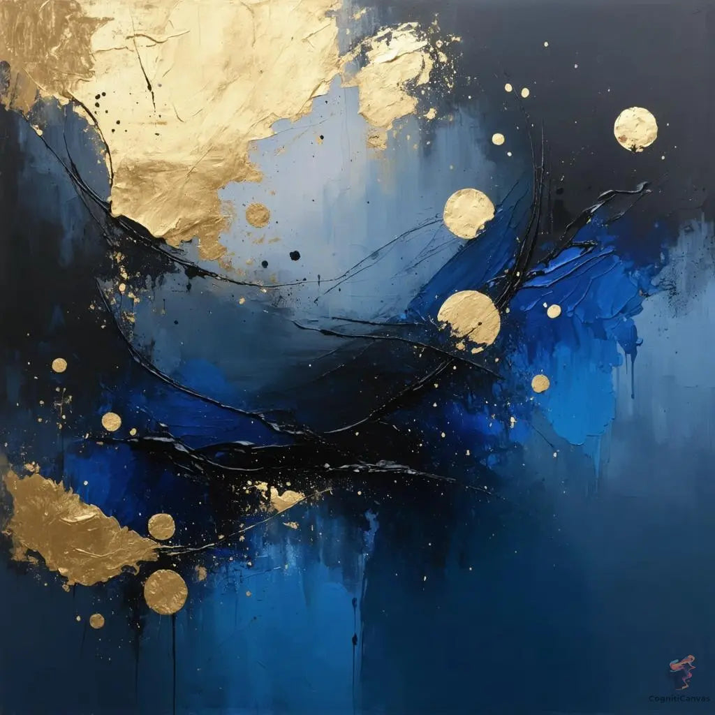 Luxury Sapphire Blue & Gold Leaf Abstract Art | Modern Digital Wall Art CognitiCanvas