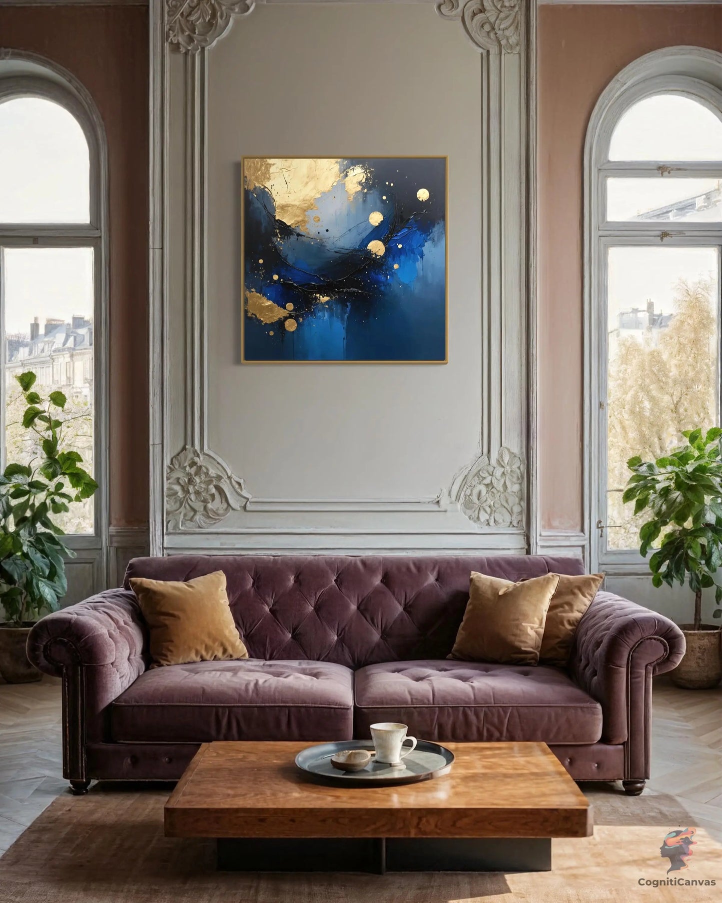 Luxury Sapphire Blue & Gold Leaf Abstract Art | Modern Digital Wall Art CognitiCanvas