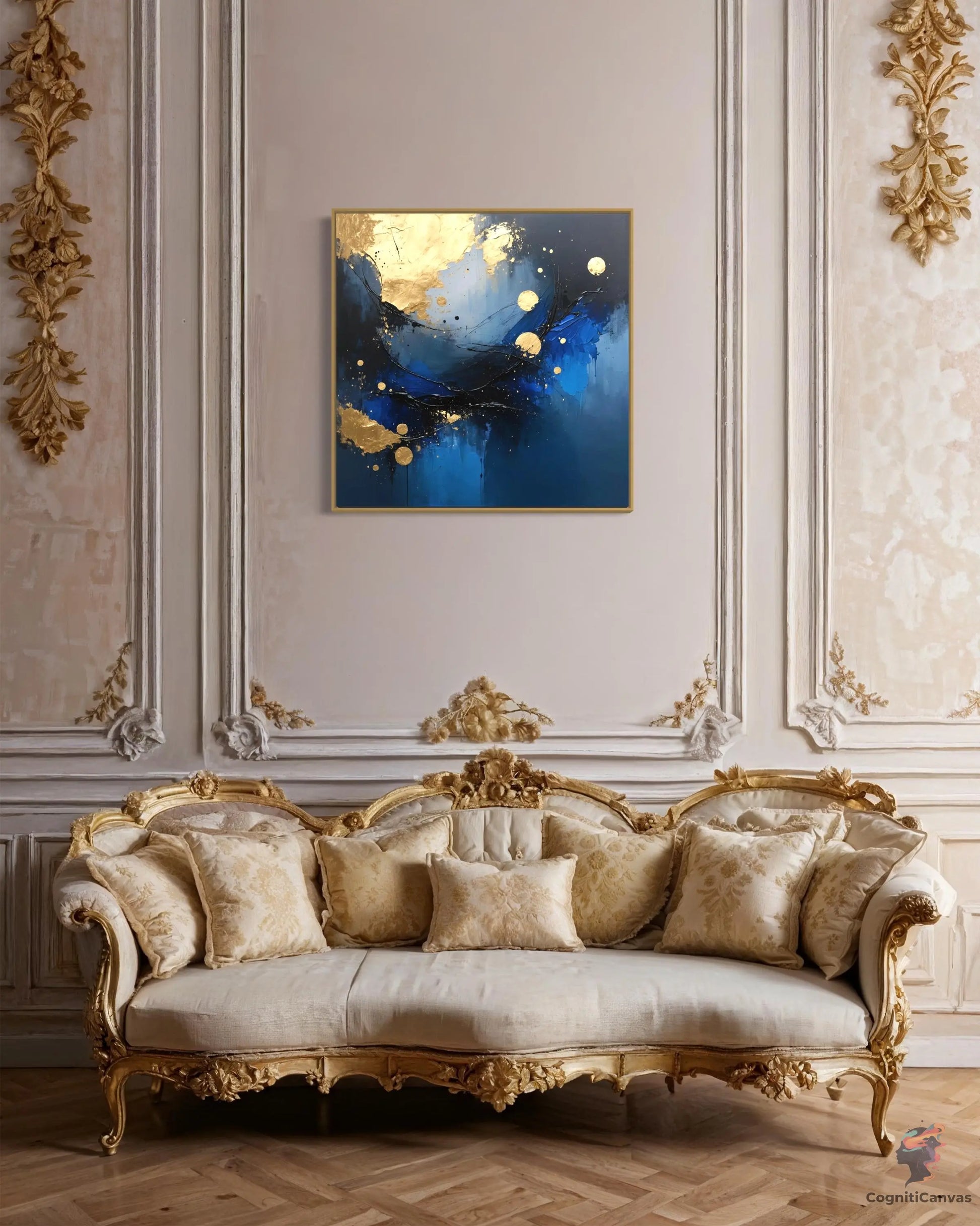 Luxury Sapphire Blue & Gold Leaf Abstract Art | Modern Digital Wall Art CognitiCanvas