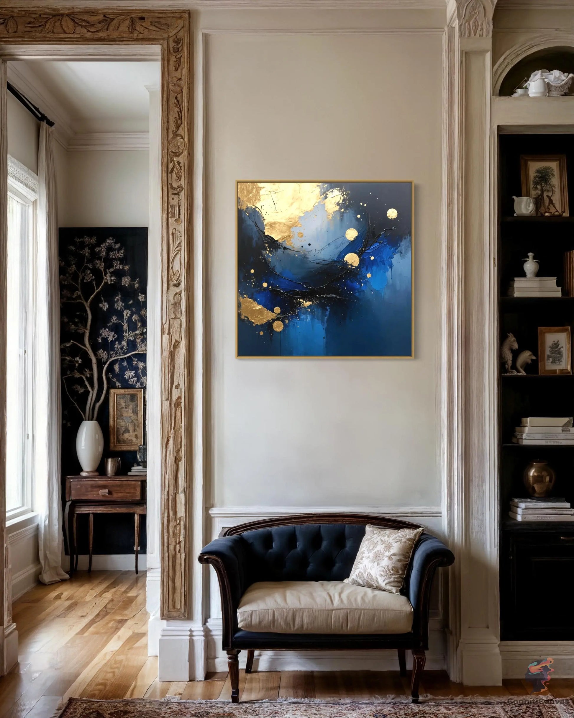 Luxury Sapphire Blue & Gold Leaf Abstract Art | Modern Digital Wall Art CognitiCanvas