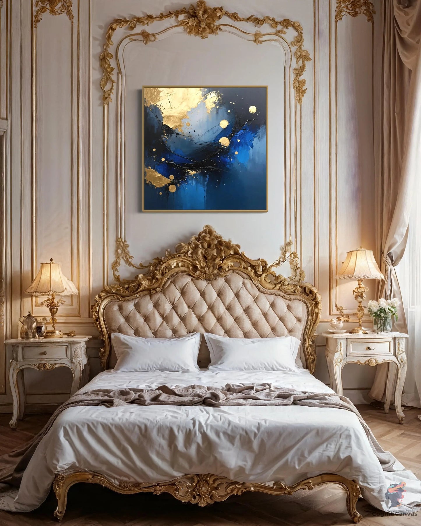 Luxury Sapphire Blue & Gold Leaf Abstract Art | Modern Digital Wall Art CognitiCanvas