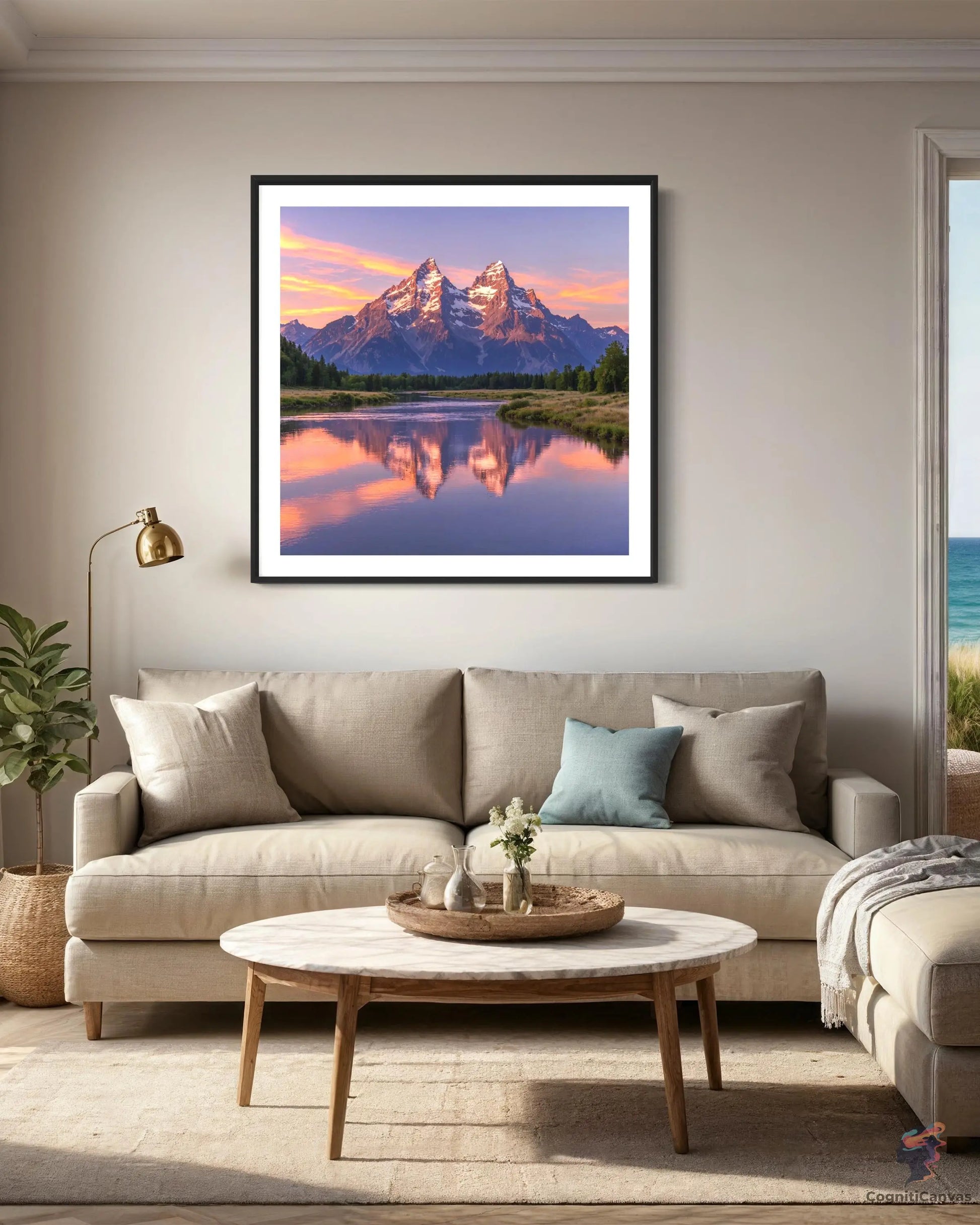 Majestic Sunset Mountain Range - Detailed Pink-Orange Peaks | Modern Digital Wall Art CognitiCanvas