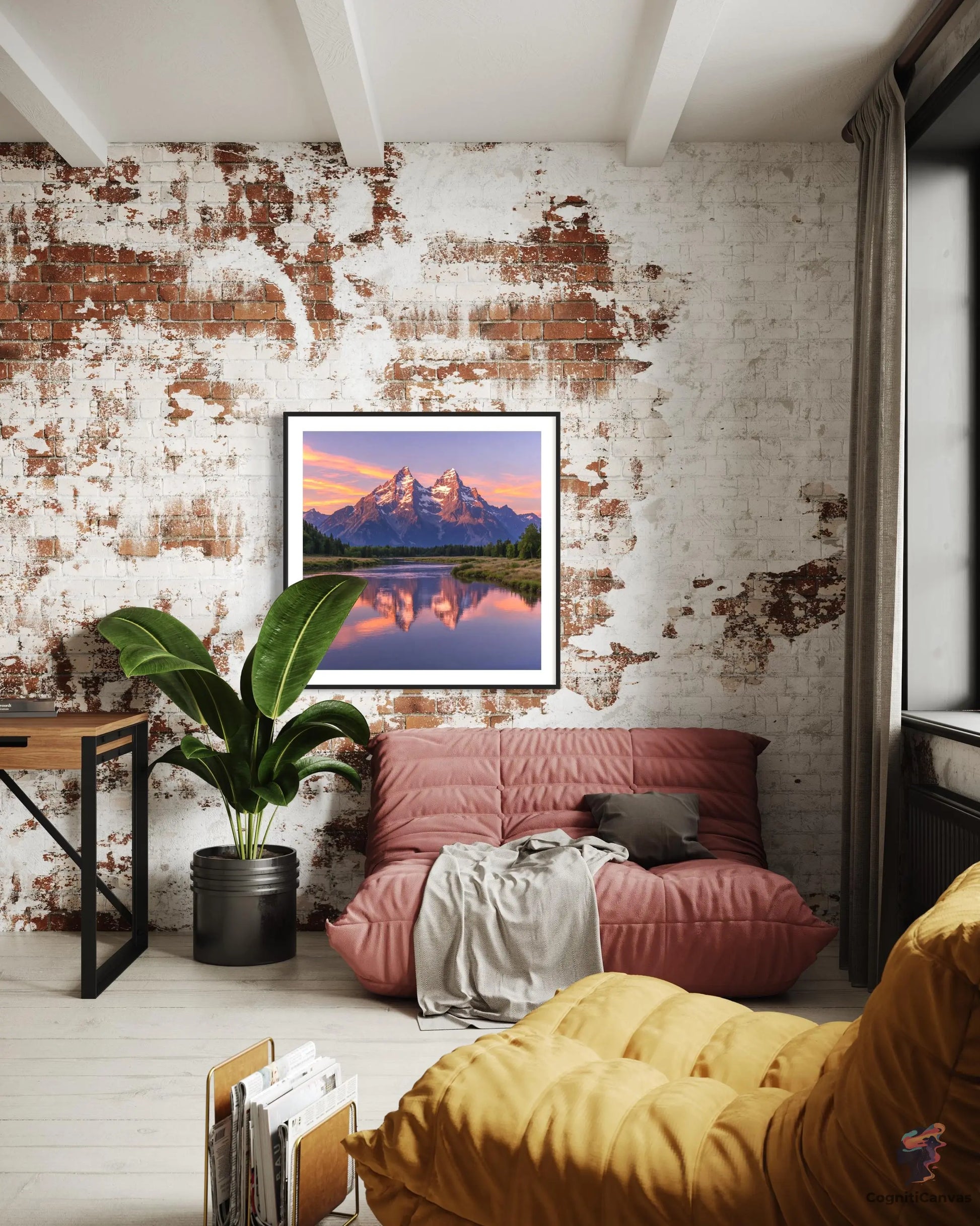 Majestic Sunset Mountain Range - Detailed Pink-Orange Peaks | Modern Digital Wall Art CognitiCanvas