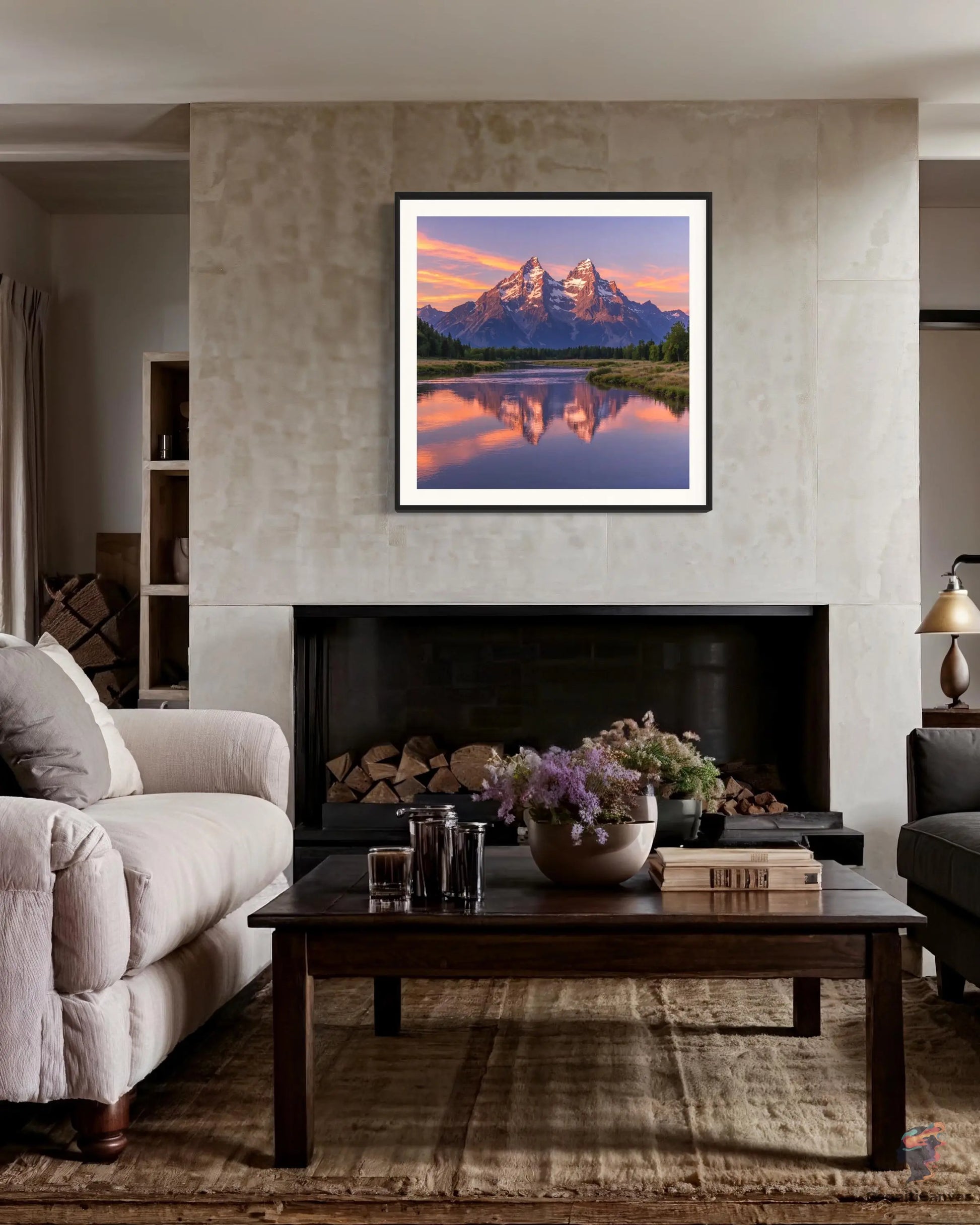 Majestic Sunset Mountain Range - Detailed Pink-Orange Peaks | Modern Digital Wall Art CognitiCanvas