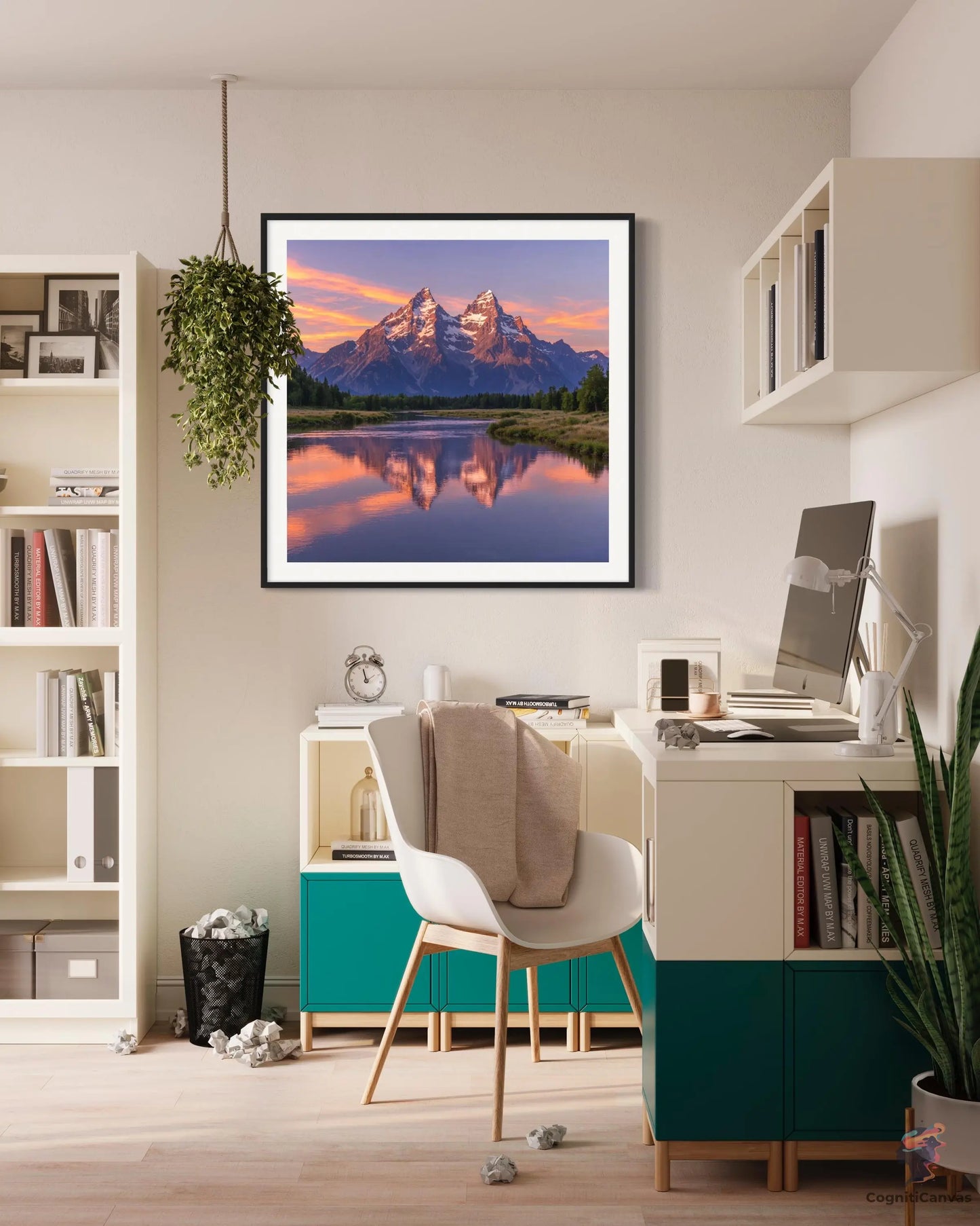 Majestic Sunset Mountain Range - Detailed Pink-Orange Peaks | Modern Digital Wall Art CognitiCanvas