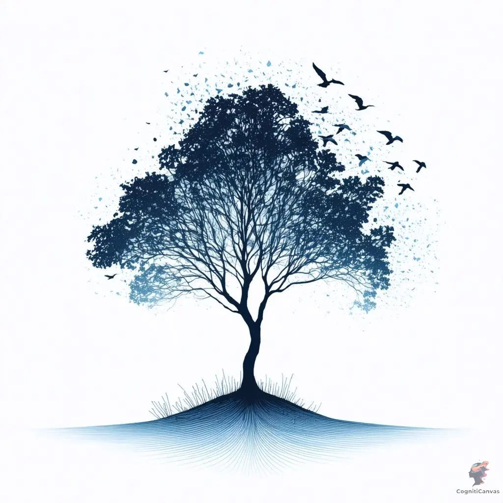 Elegant nature line art featuring a tree and birds in flight, minimalist digital wall print in calming blue tones.