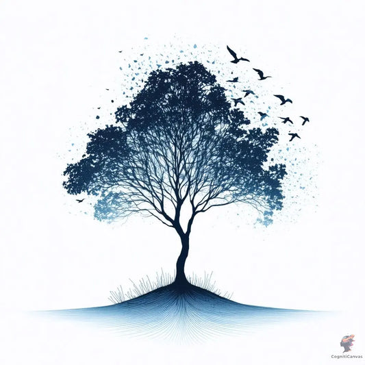 Elegant nature line art featuring a tree and birds in flight, minimalist digital wall print in calming blue tones.