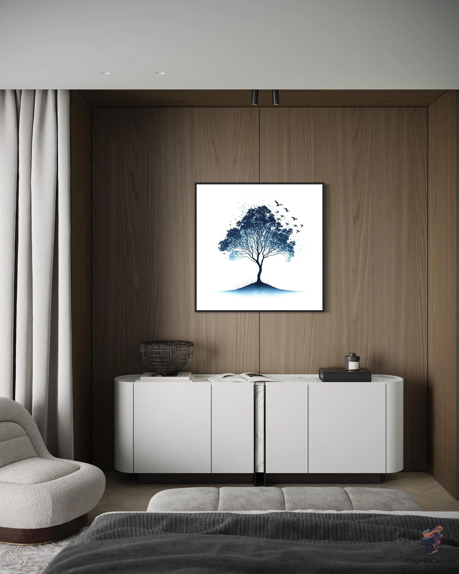 Nature Line Art | Elegant Tree with Birds Digital Print CognitiCanvas