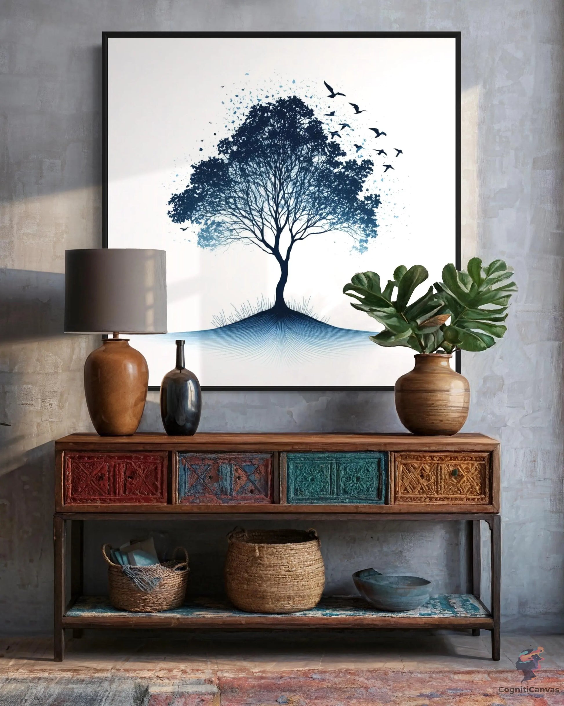 Nature Line Art | Elegant Tree with Birds Digital Print CognitiCanvas