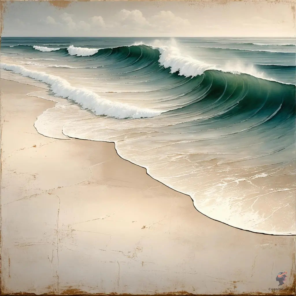 Coastal waves digital art featuring neutral beach tones, soft sandy textures, and tranquil ocean scenery.