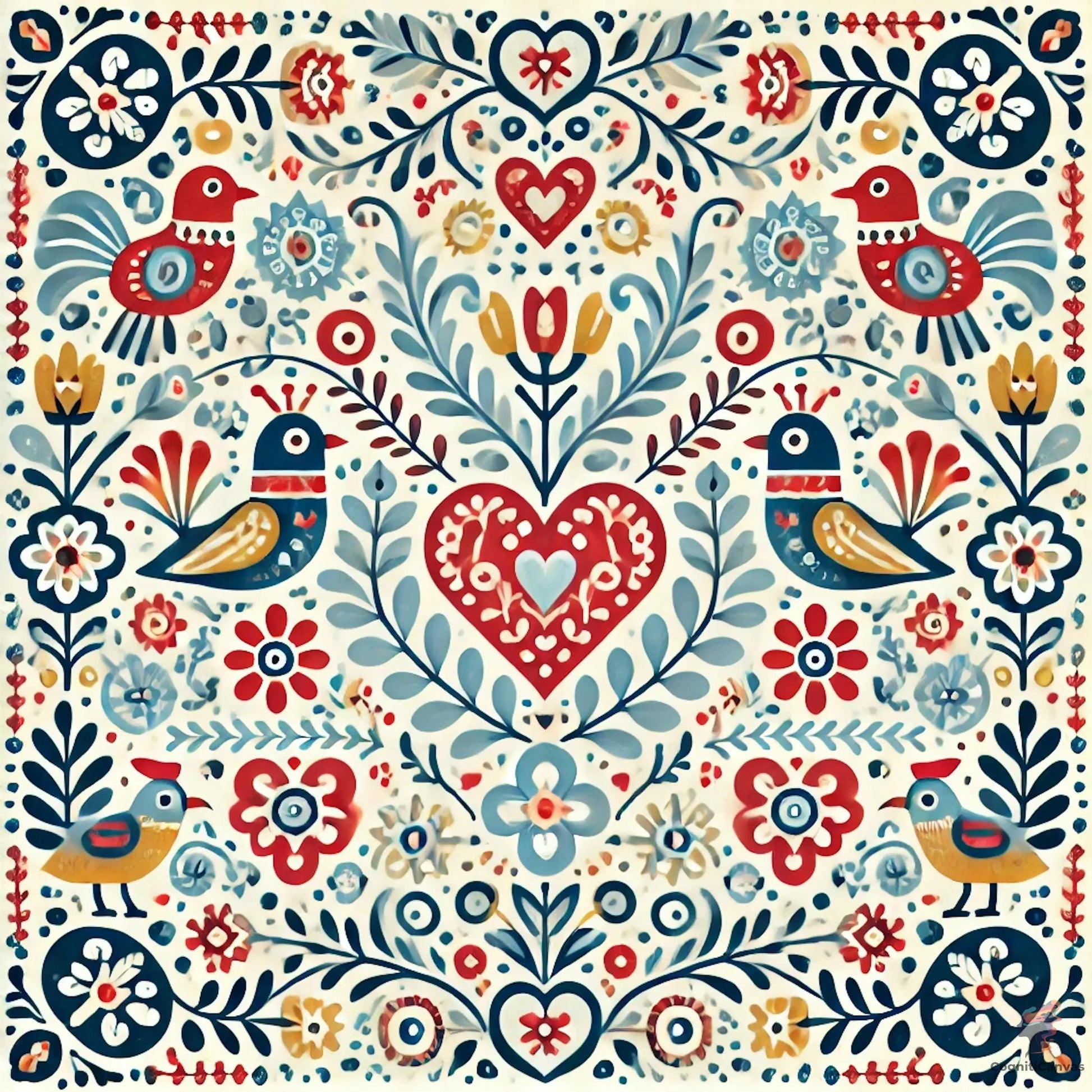 Scandinavian folk art birds and florals digital download – vibrant vintage-inspired wall art by CognitiCanvas
