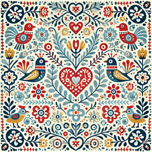 Scandinavian folk art birds and florals digital download – vibrant vintage-inspired wall art by CognitiCanvas