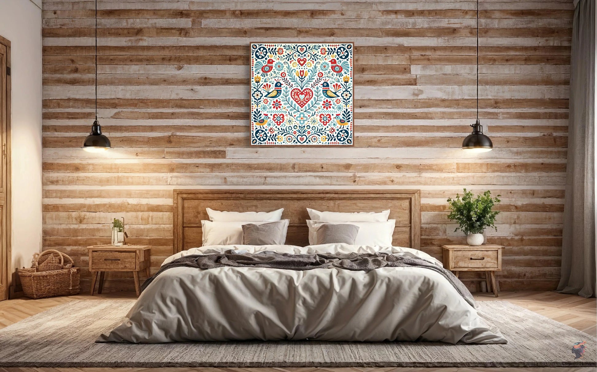 Scandinavian folk art digital download – colorful birds and floral patterns for home decoration