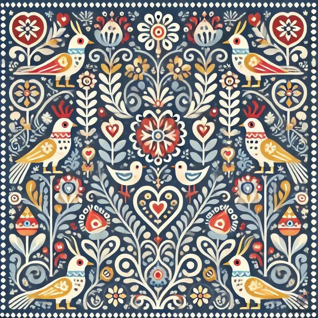 Scandinavian Folk Art Print - Whimsical Birds and Florals Digital Download CognitiCanvas