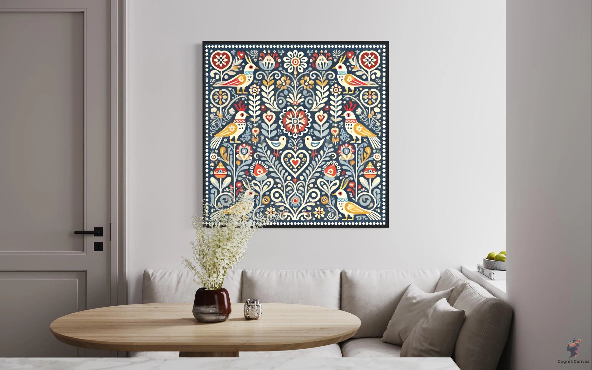 Scandinavian Folk Art Print - Whimsical Birds and Florals Digital Download CognitiCanvas