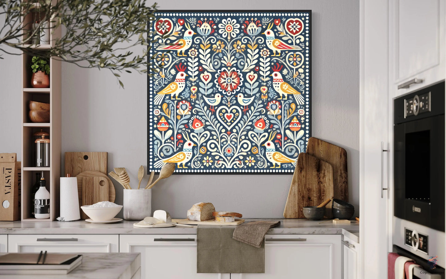 Scandinavian Folk Art Print - Whimsical Birds and Florals Digital Download CognitiCanvas