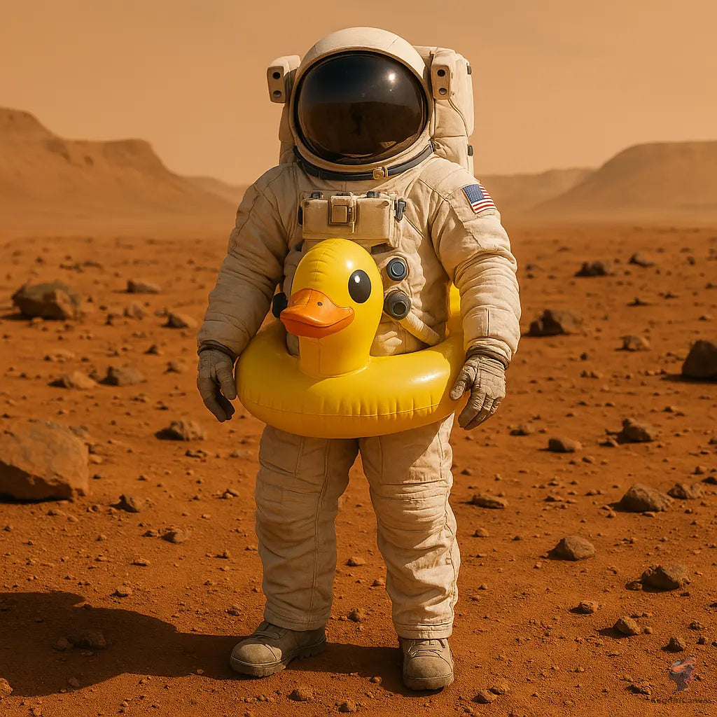 Space Oddi-tee: Astronaut with Duck Floatie on Mars – Whimsical Sci-Fi Digital Art Print CognitiCanvas