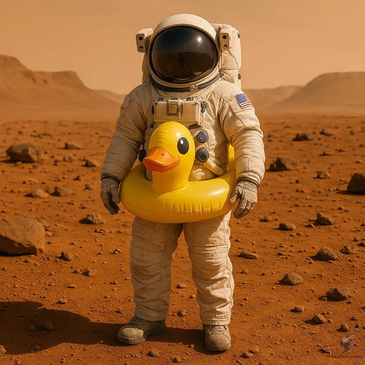 Space Oddi-tee: Astronaut with Duck Floatie on Mars – Whimsical Sci-Fi Digital Art Print CognitiCanvas
