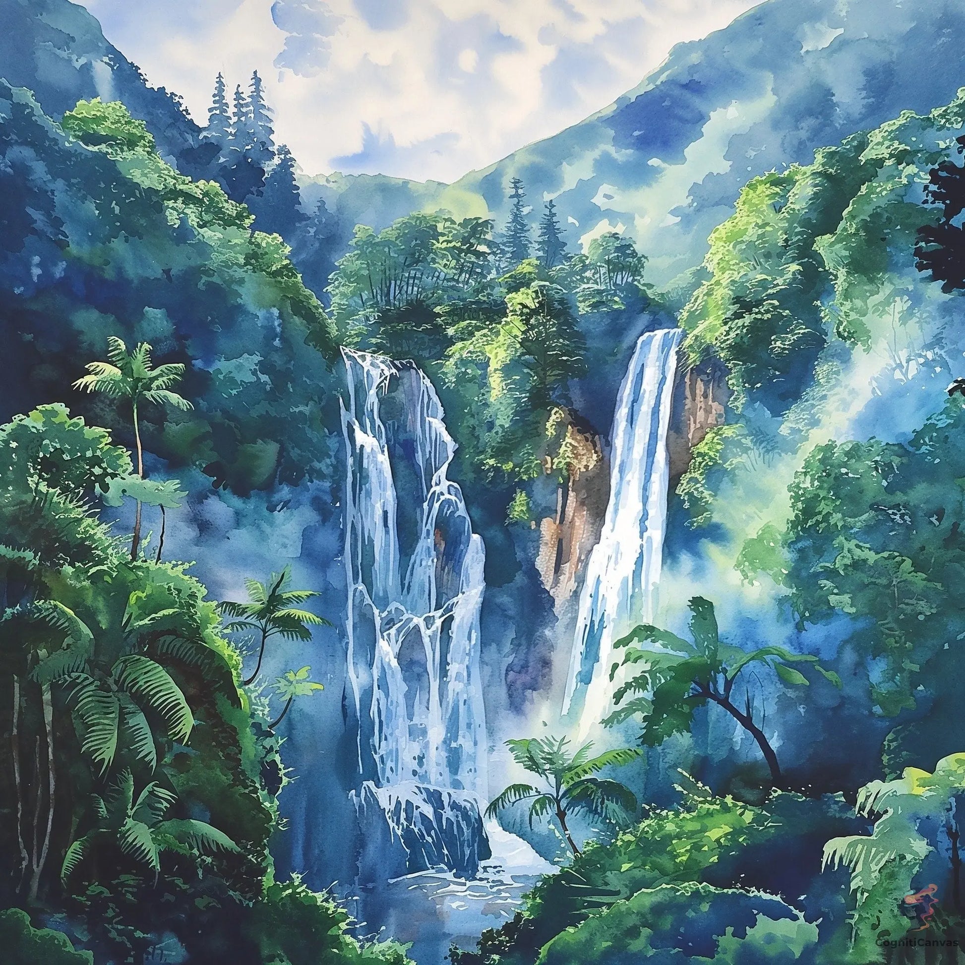 Tranquil Jungle Waterfall Digital Art Print CognitiCanvas