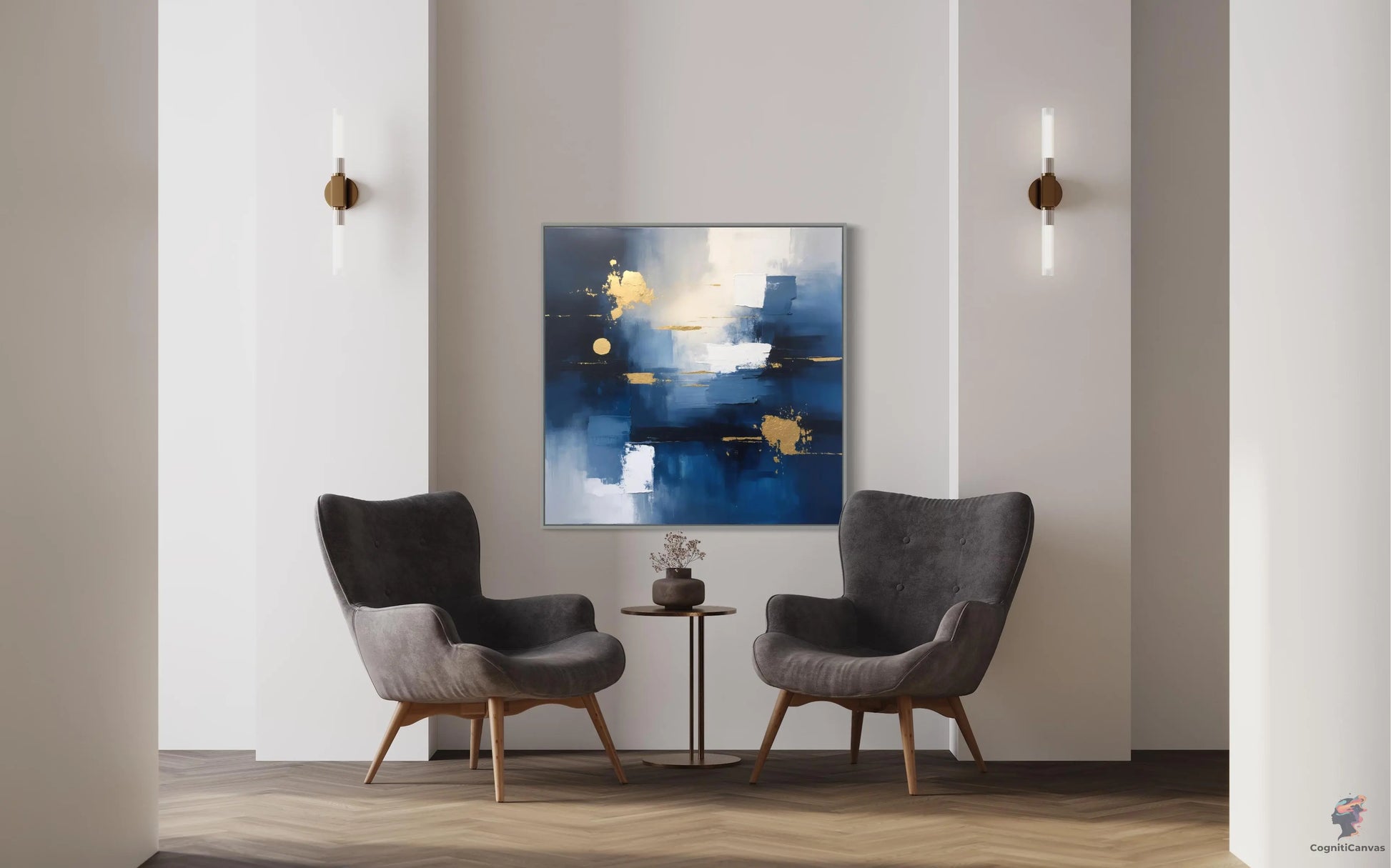 Vibrant Navy Blue & Gold Abstract Art | Modern Digital Wall Art CognitiCanvas