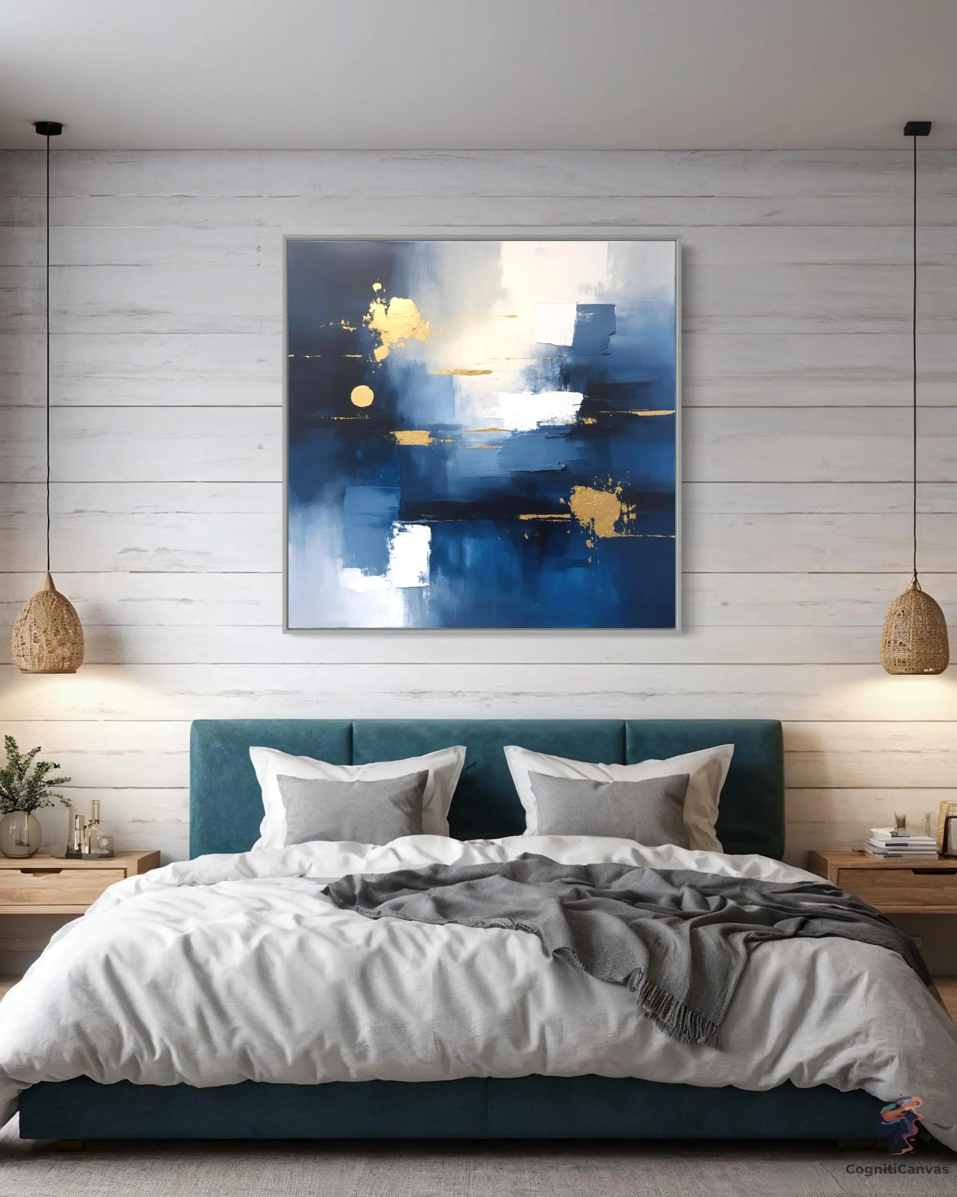 Vibrant Navy Blue & Gold Abstract Art | Modern Digital Wall Art CognitiCanvas